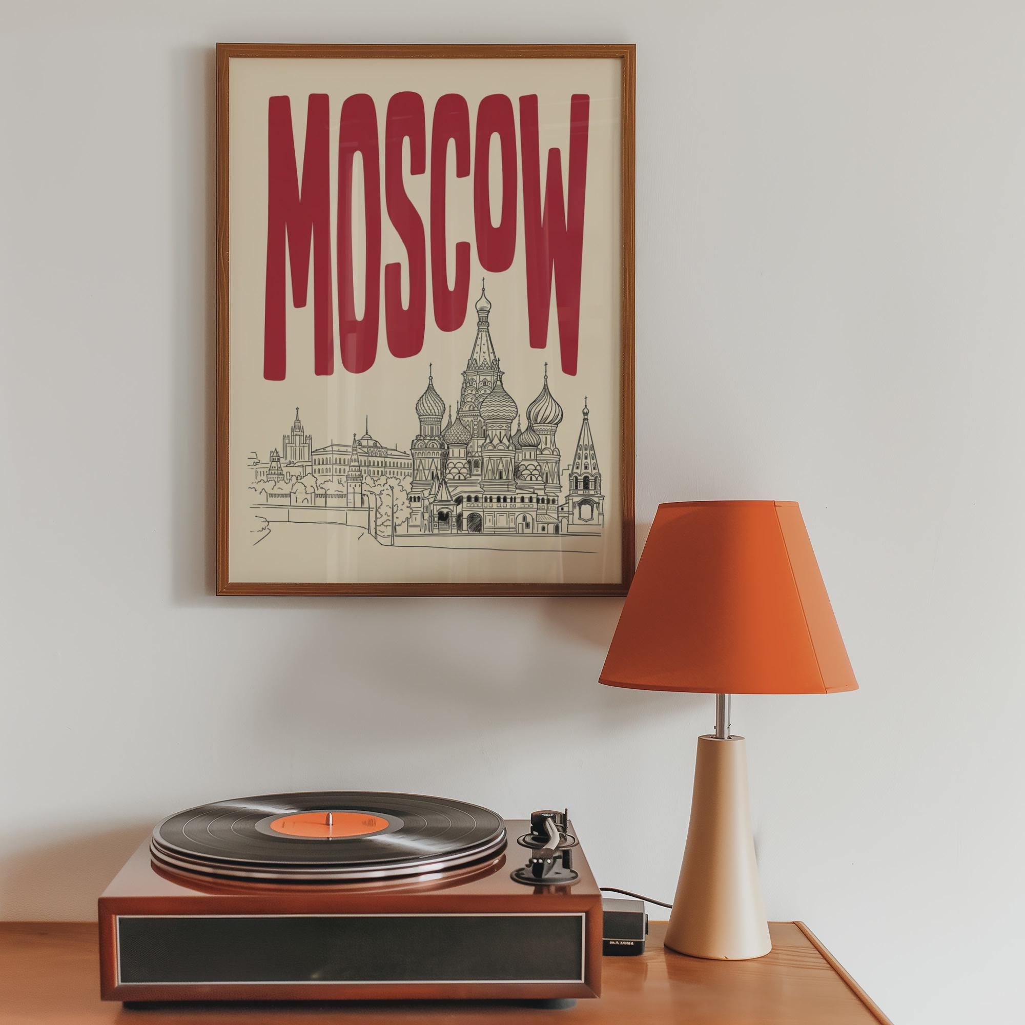 Moscow Skyline Wall Art, Framed Canvas Print, Retro Travel Poster Decor