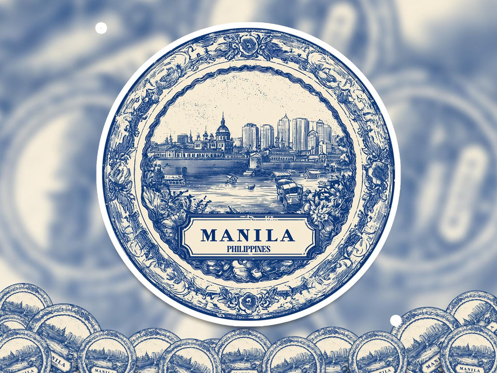 Manila Philippines Sticker Vintage Delft style, Delftware Decal Waterproof Vinyl, Blue City Travel