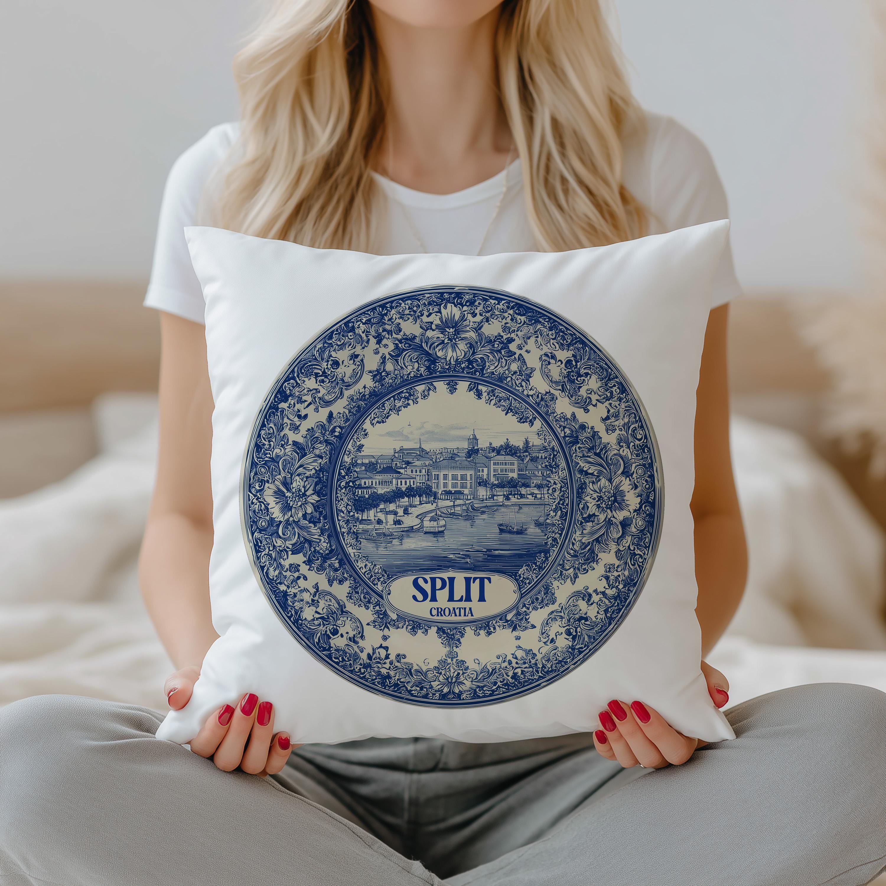 Split Croatia Pillowcase, Delft Style Decorative Throw Pillow, Vintage Cityscape Retro Home Decor