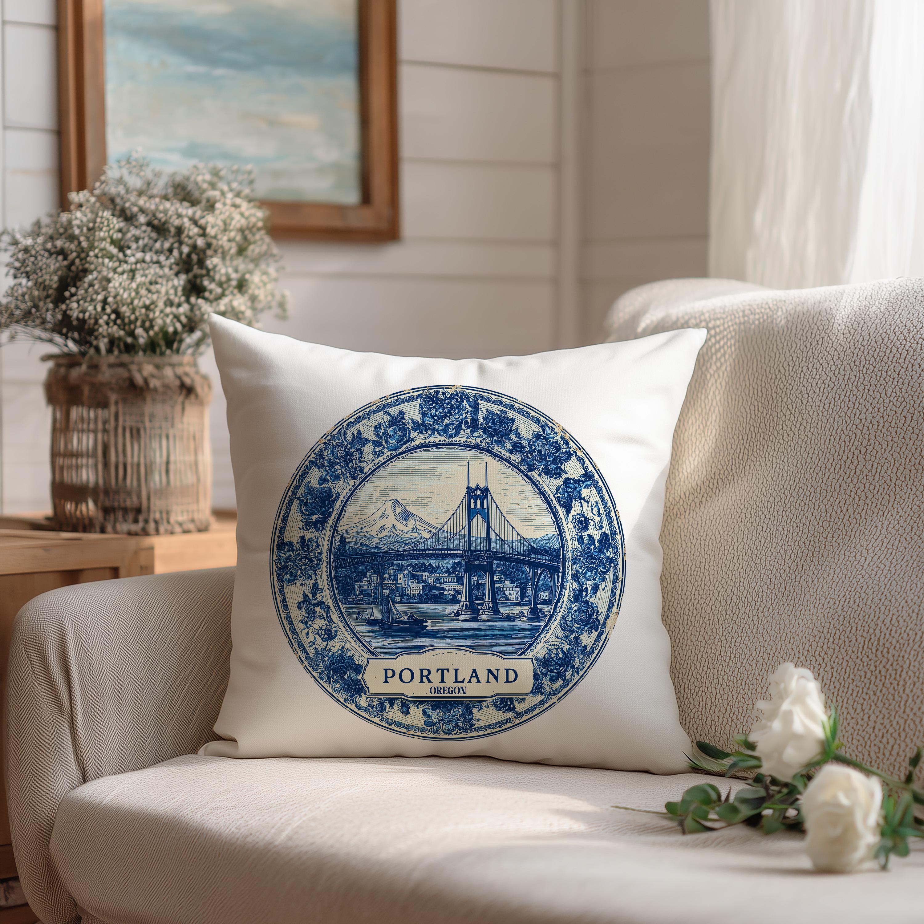 Portland Oregon Pillowcase, Delft Style Decorative Throw Pillow, Vintage Cityscape Retro Home Decor