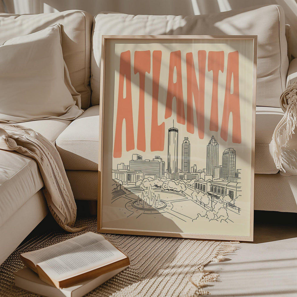 Atlanta Skyline Wall Art, Framed Canvas Print, Retro City Line Art Decor