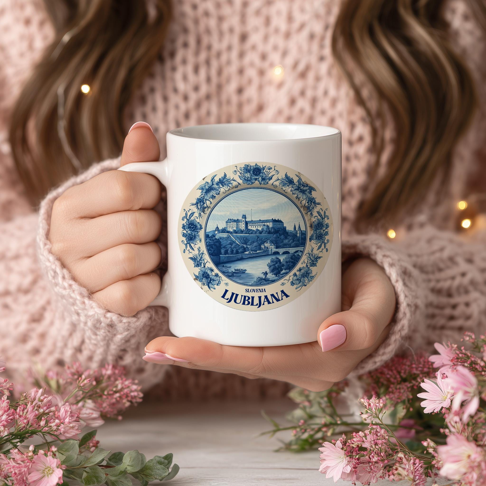 Ljubljana Slovenia Mug, Custom Delft Style cup, Personalized Vintage Travel City Gift