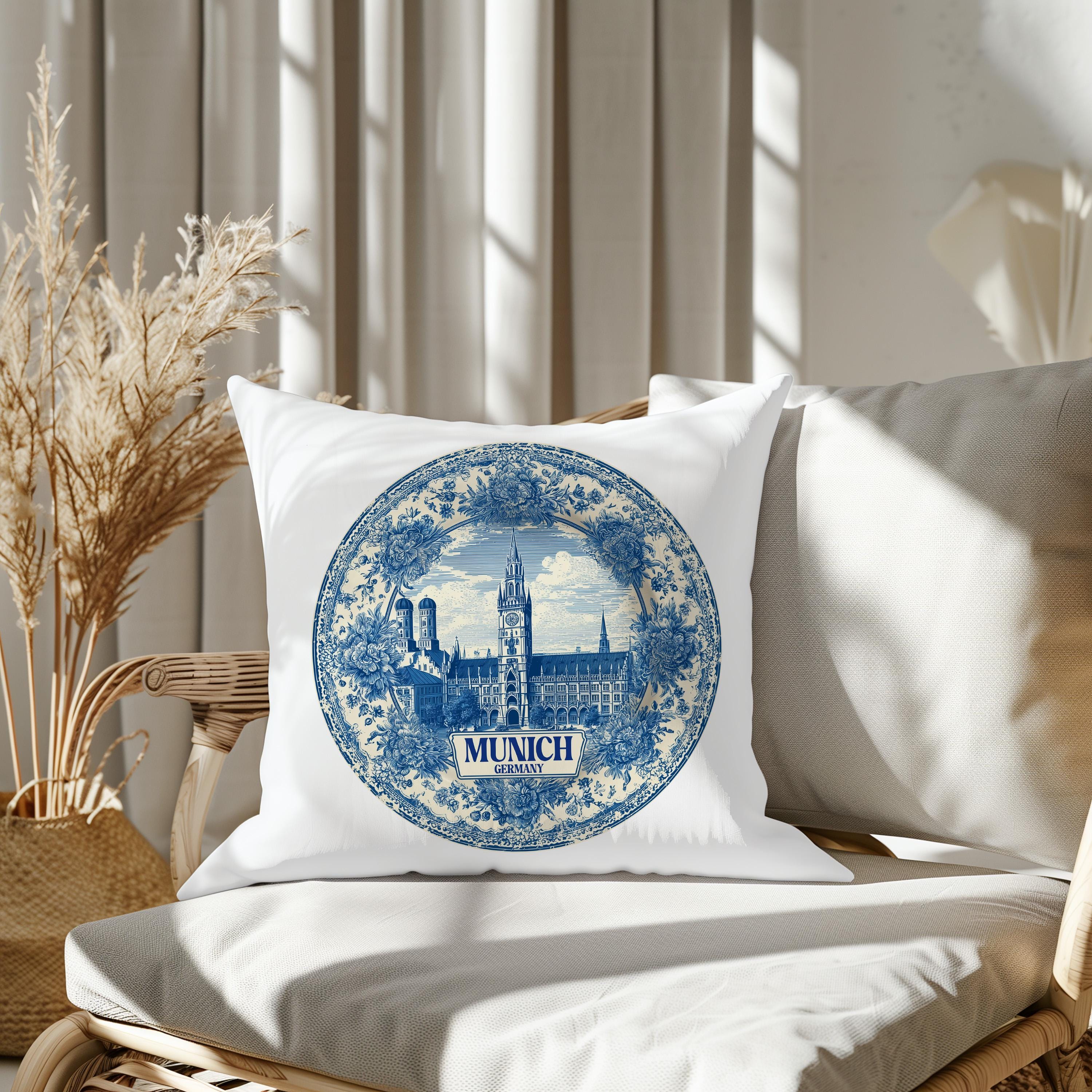 Munich Germany Pillowcase, Delft Style Decorative Throw Pillow, Vintage Cityscape Retro Home Decor