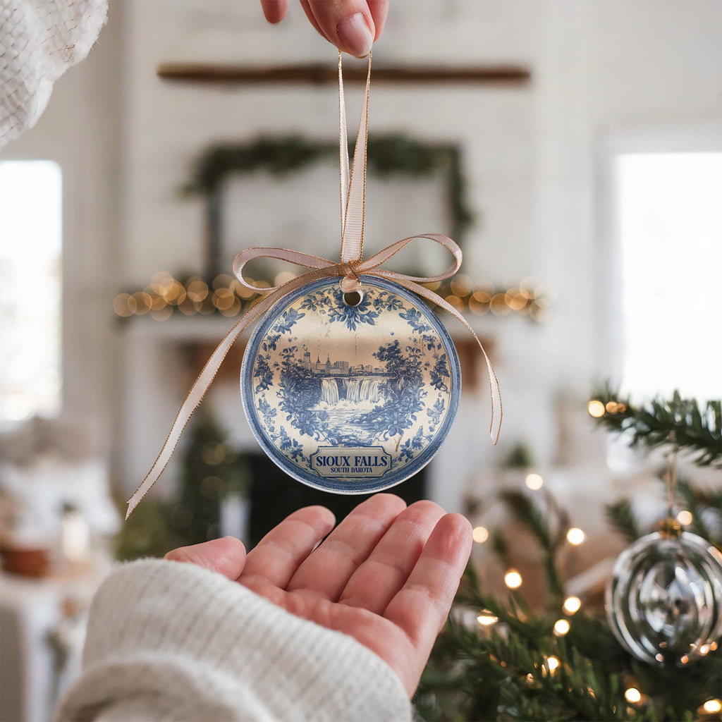 Custom Sioux Falls South Dakota Ceramic Delft Ornament, Christmas Delftware Blue Delftware city travel