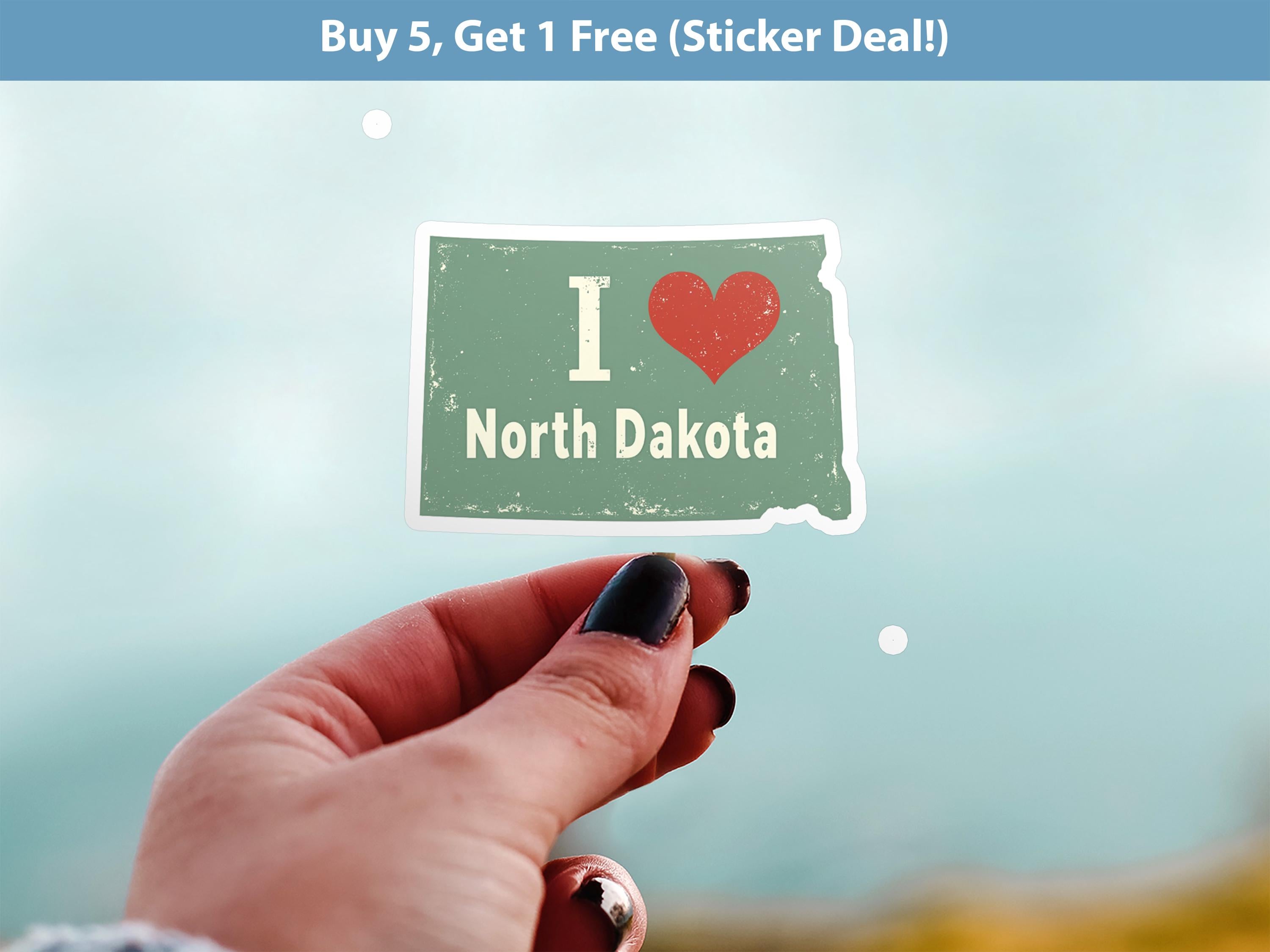 I love North Dakota Sticker, Vintage US States Vinyl Decal, Waterproof Decal, Retro Travel Collection