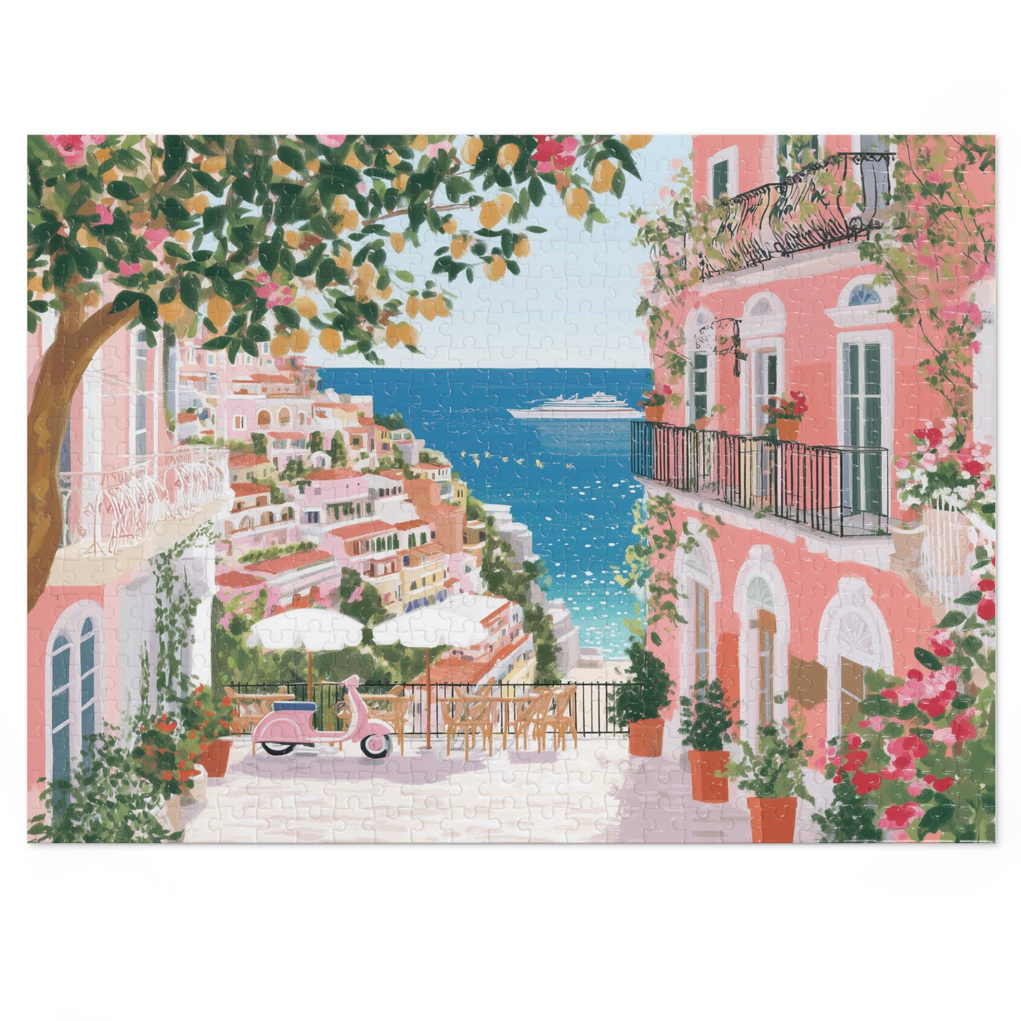 Amalfi Coast Spring Jigsaw Puzzle, Floral Adult Puzzle Italy Travel Gift