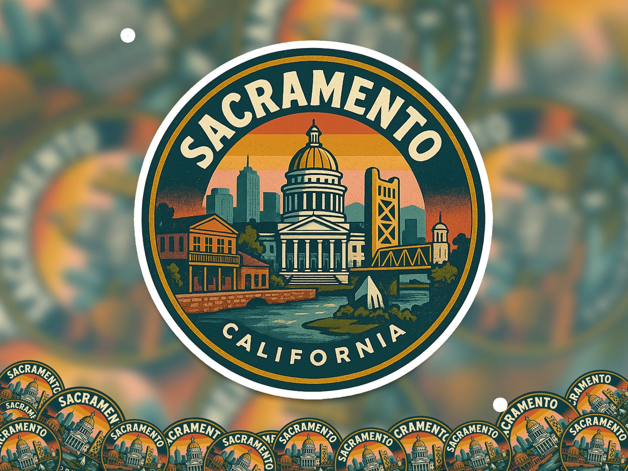 Sacramento California Kiss-Cut Vinyl, Waterproof Decal, US Retro Travel Lover Collection