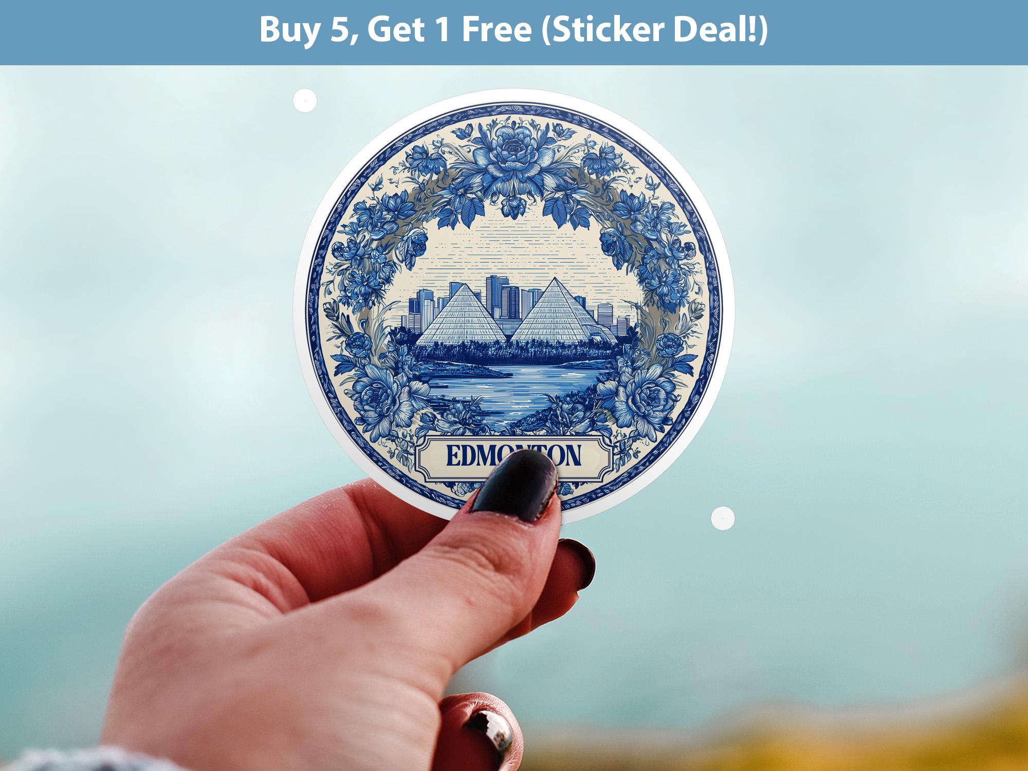 Edmonton Canada Sticker Vintage Delft style, Delftware Decal Waterproof Vinyl, Blue City Travel
