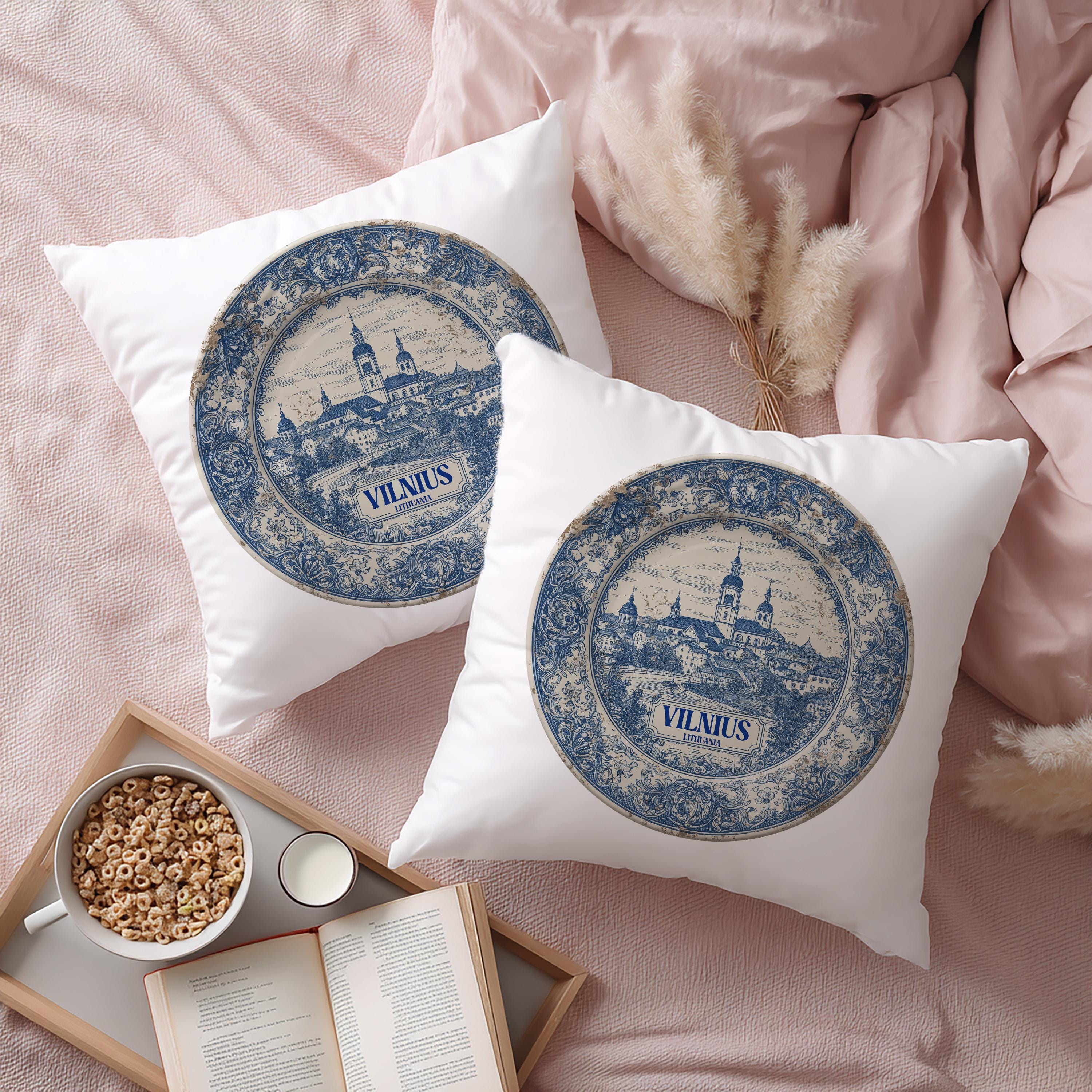 Vilnius Lithuania Pillowcase, Delft Style Decorative Throw Pillow, Vintage Cityscape Retro Home Decor