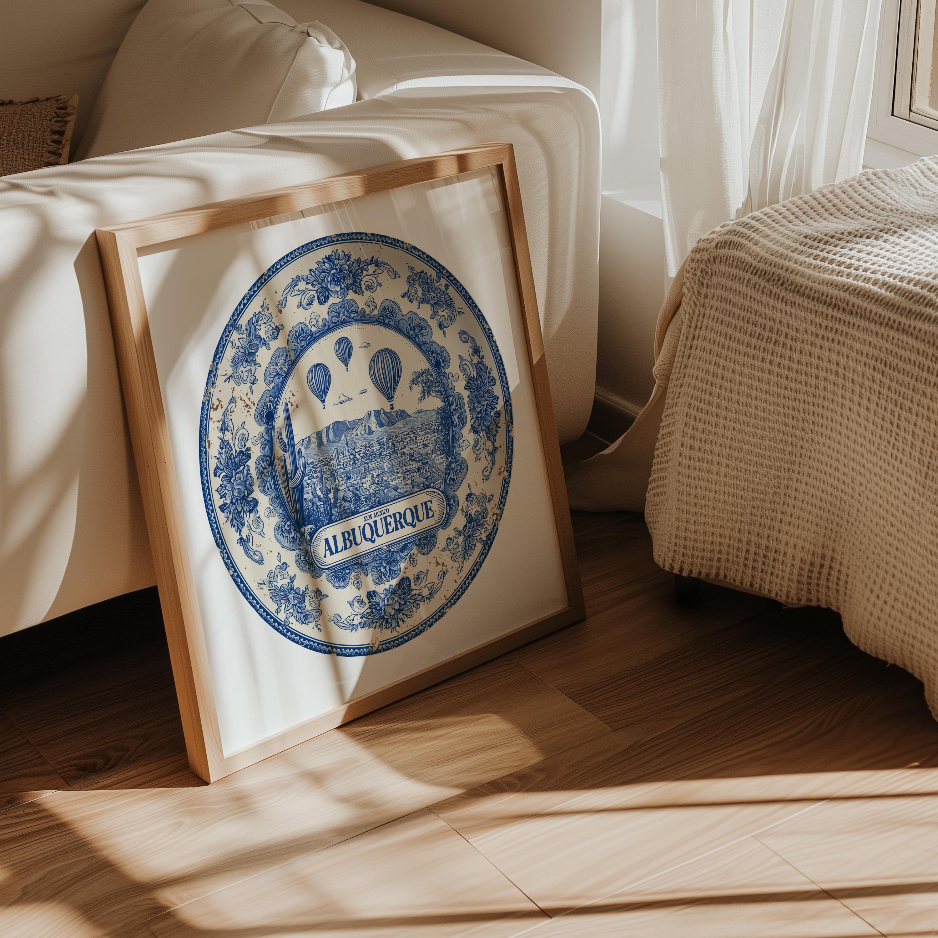 Albuquerque New Mexico Wall Art, Vintage Delft Blue Poster, City Print, Travel Home Decor