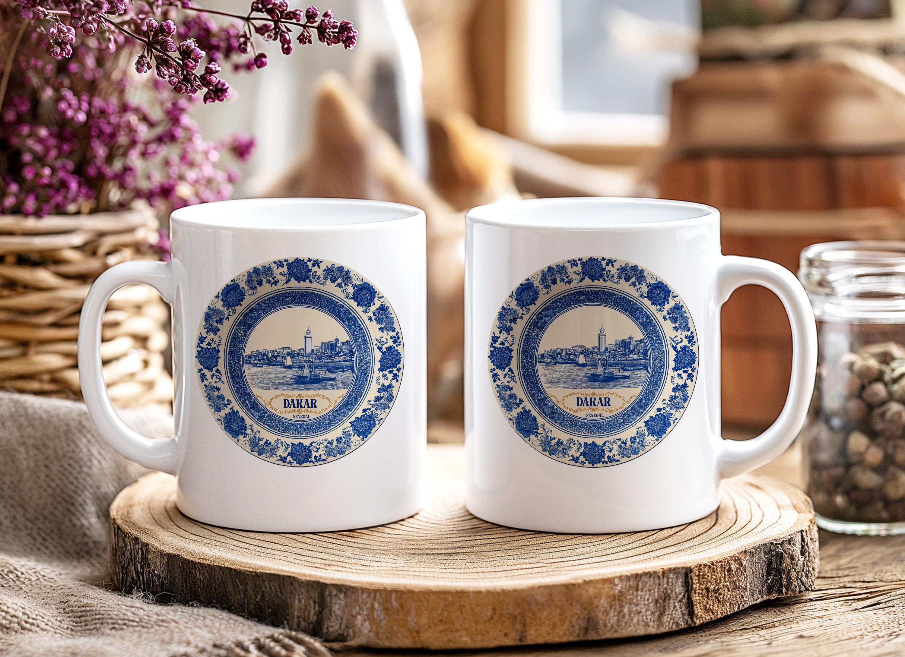 Dakar Senegal Mug, Custom Delft Style cup, Personalized Vintage Travel City Gift