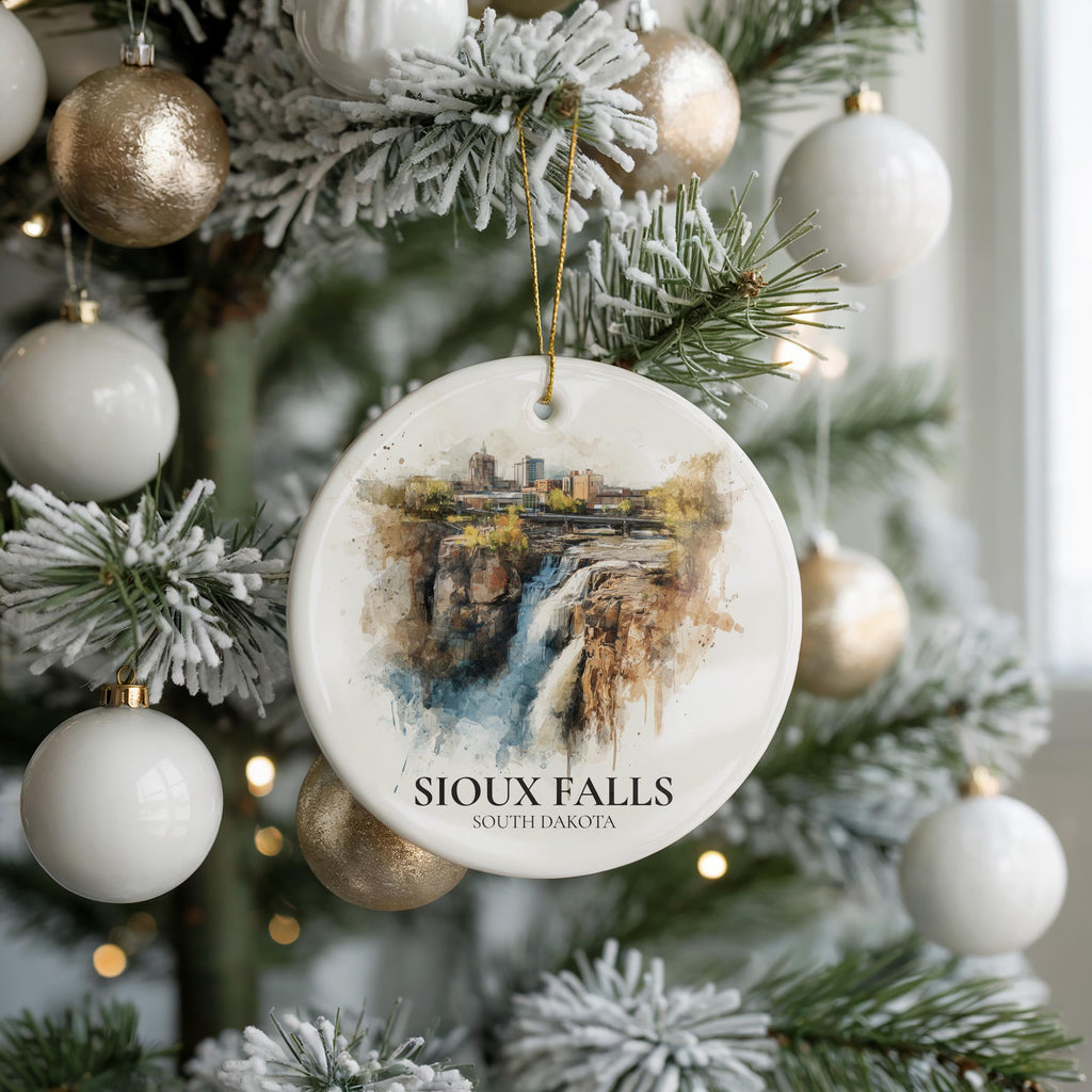 Sioux Falls South Dakota Personalized Watercolor Ornament, Custom Ceramic Christmas gift, Travel Keepsake