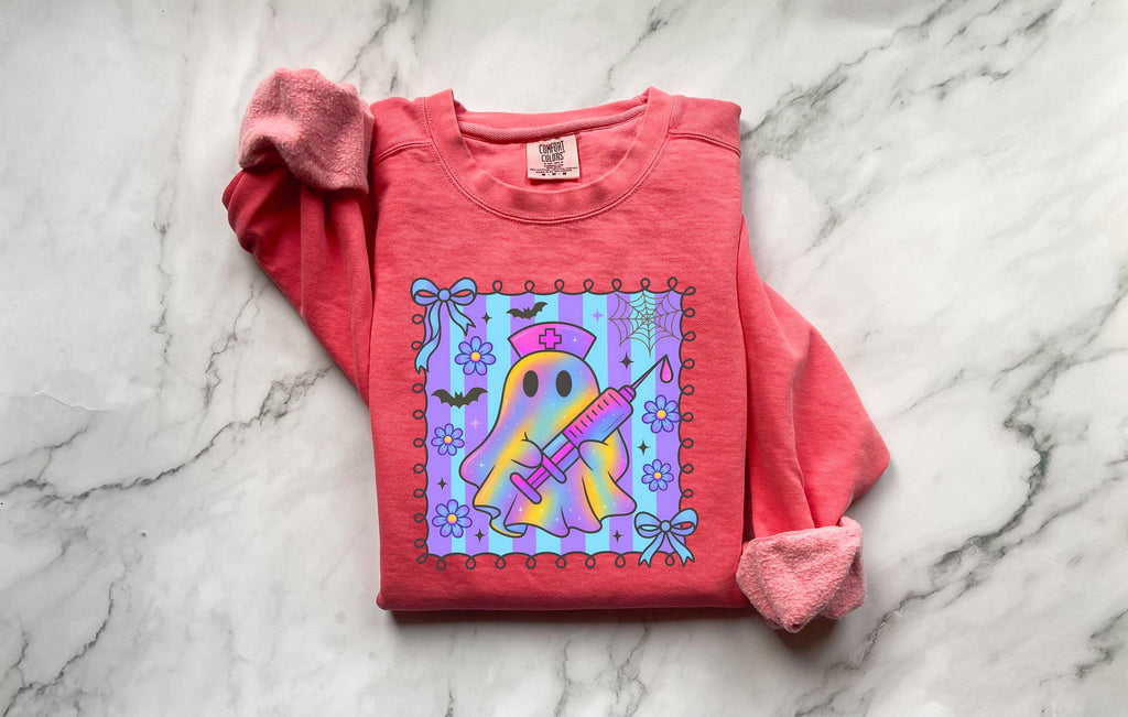 Cute Ghost Nurse Halloween Sweatshirt, Spooky RN Fall Top Cozy Autumn Pullover, Cute Retro Gift for Nurse
