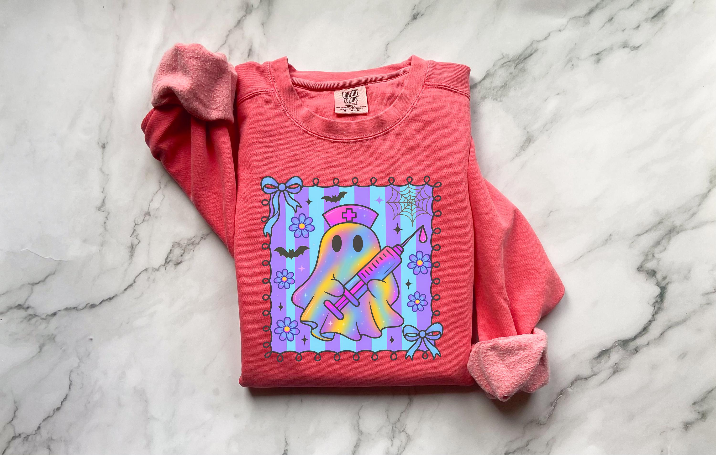 Cute Ghost Nurse Halloween Sweatshirt, Spooky RN Fall Top Cozy Autumn Pullover, Cute Retro Gift for Nurse