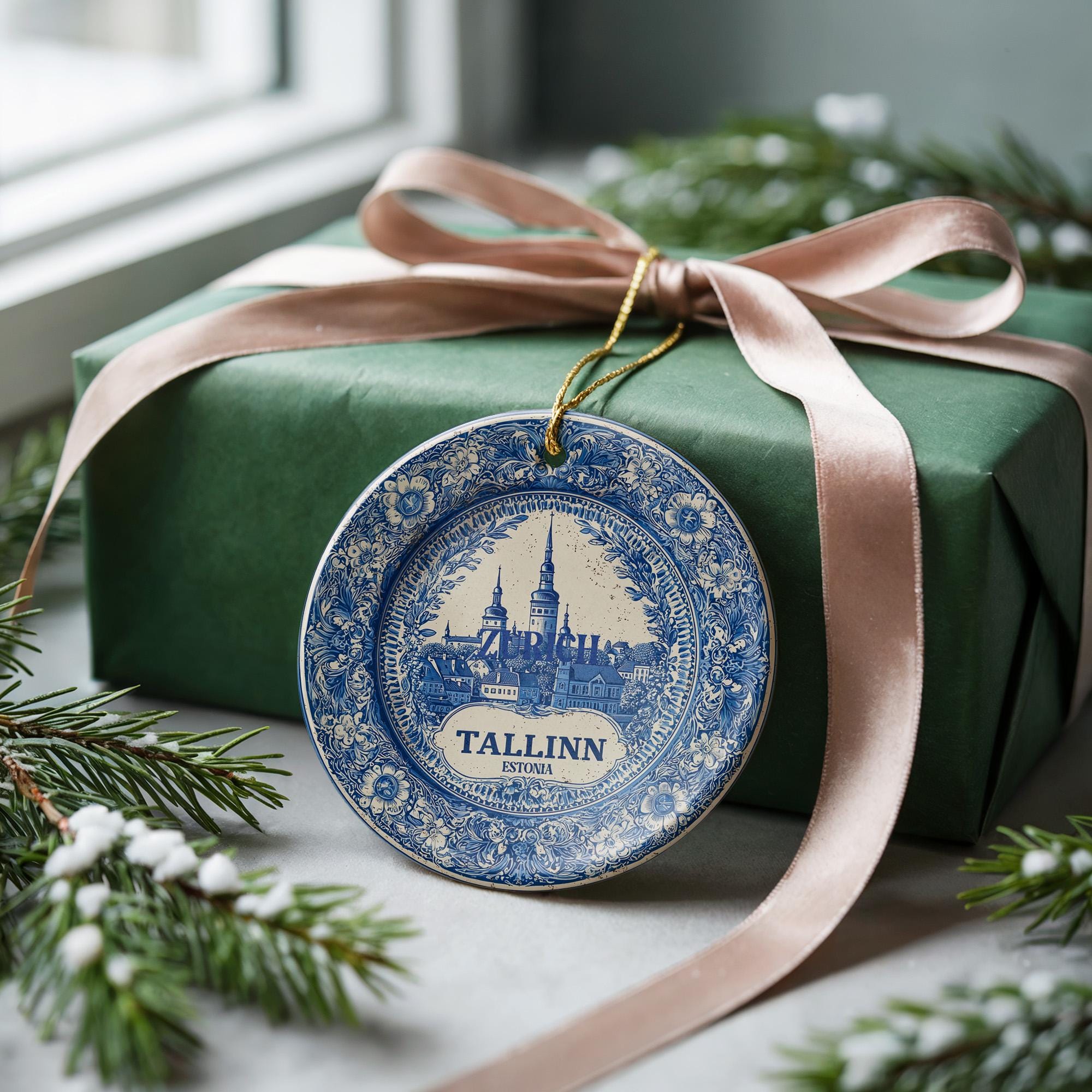 Custom Tallinn Estonia Ceramic Delft Ornament, Christmas Delftware Blue Delftware city travel