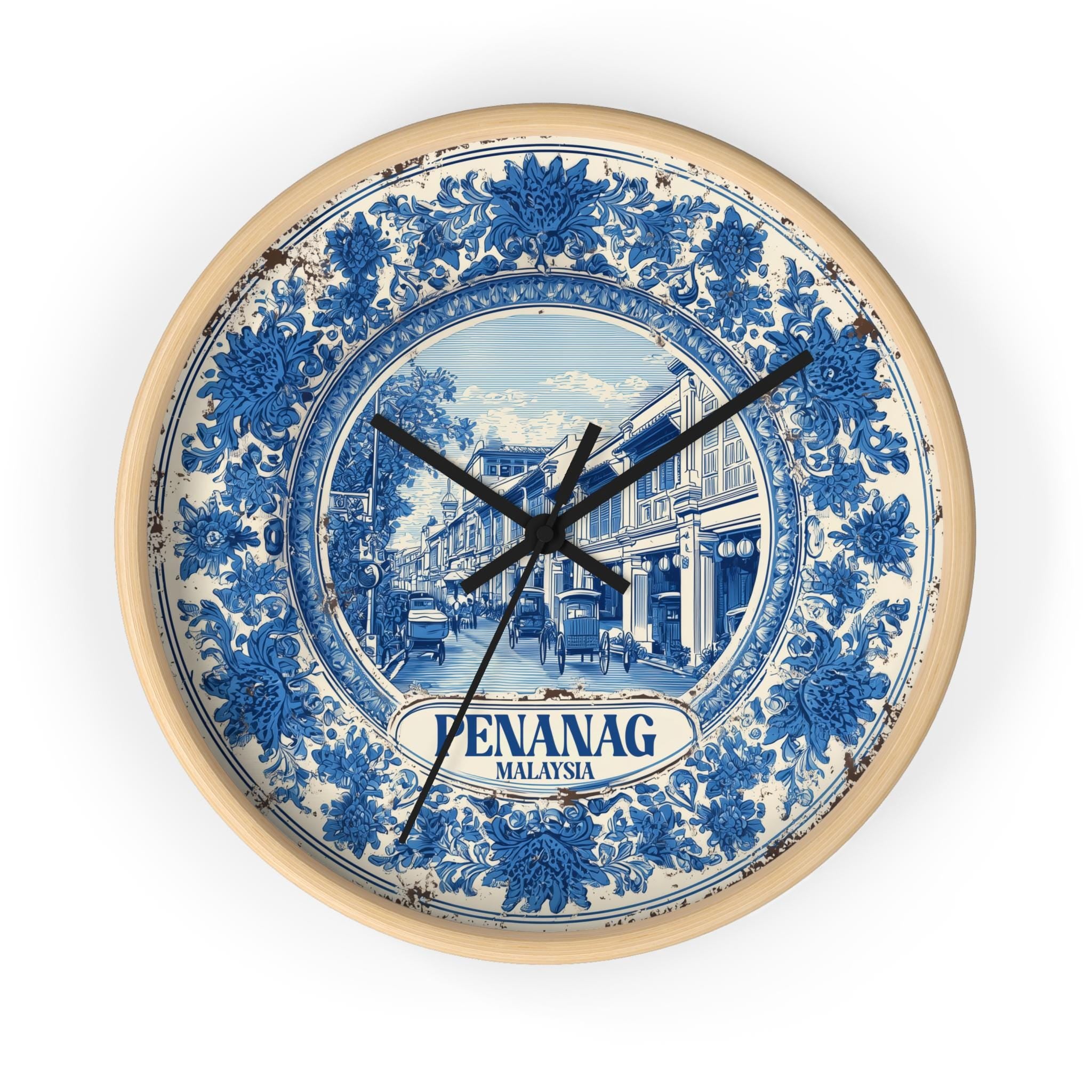 Penang Malaysia Wall Clock, Delf style Home Decor, Vintage City Travel Keepsake Art