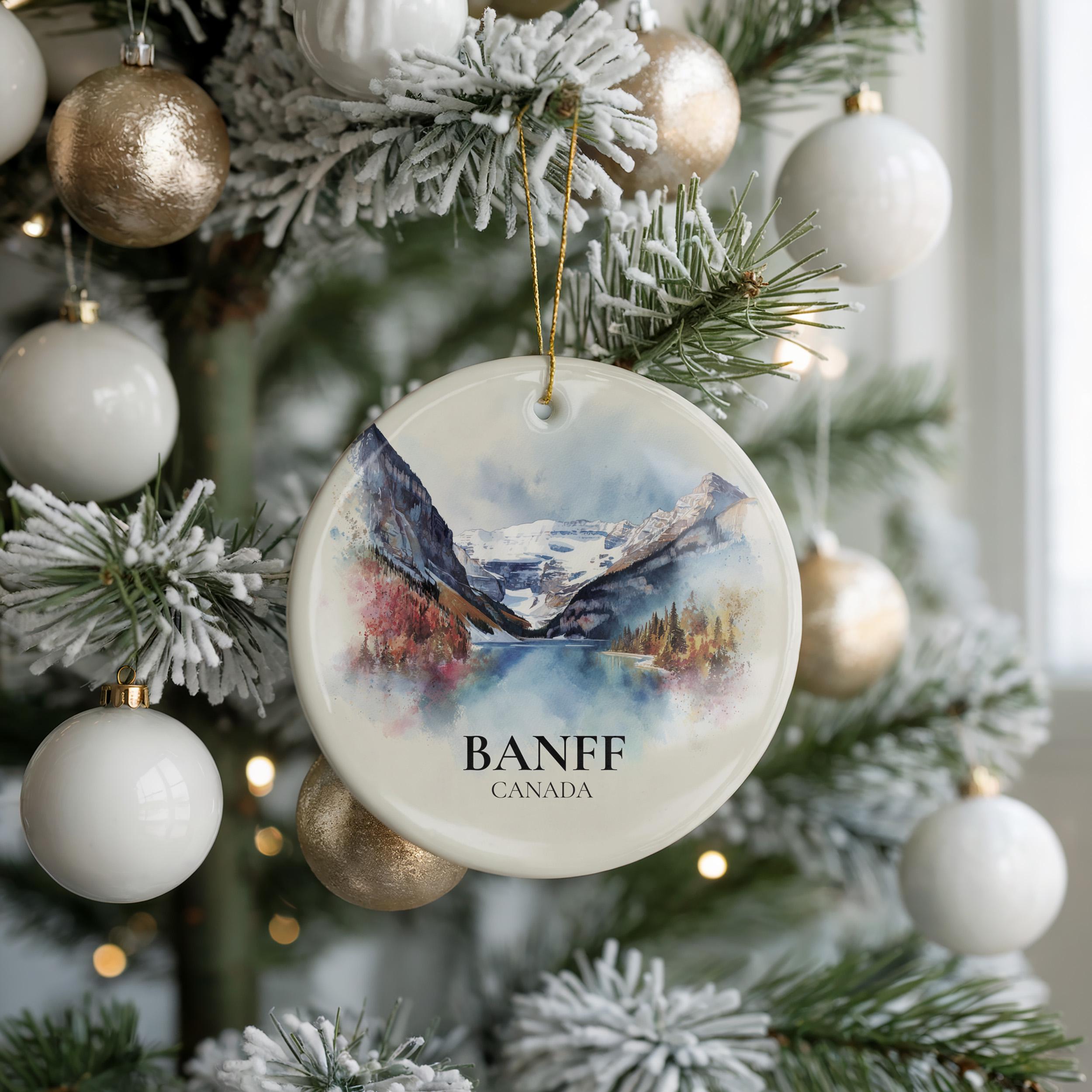 Banff National Park Canada Personalized Watercolor Ornament, Custom Ceramic Christmas gift, Travel Keepsake