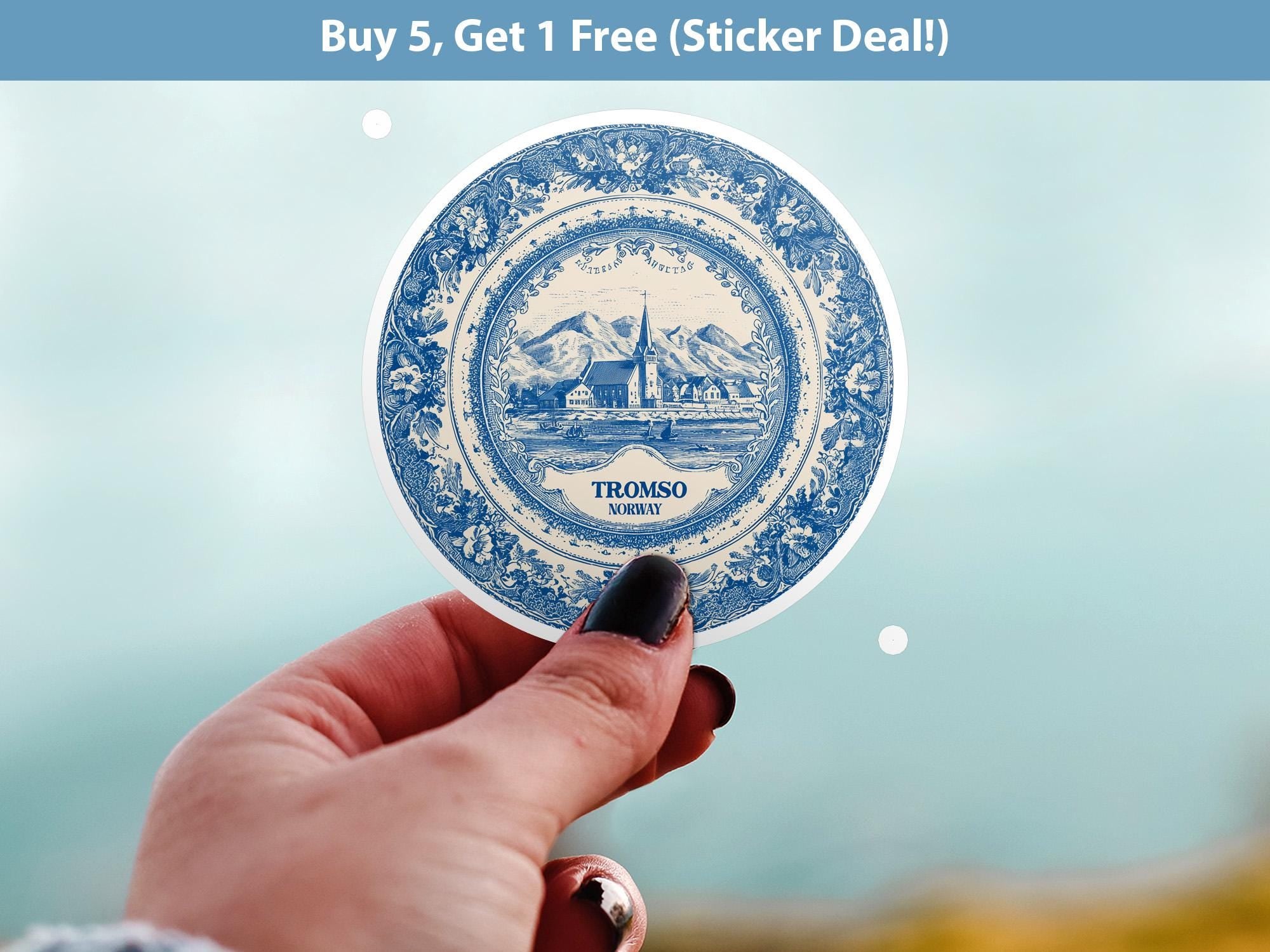 Tromso Norway Sticker Vintage Delft style, Delftware Decal Waterproof Vinyl, Blue City Travel
