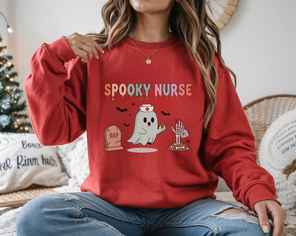 Spooky Nurse Halloween Sweatshirt, Cute Ghost Halloween Gift for Nurse Medical Lab, Nurse Spooky , Nurse Halloween Boo Boo Crew