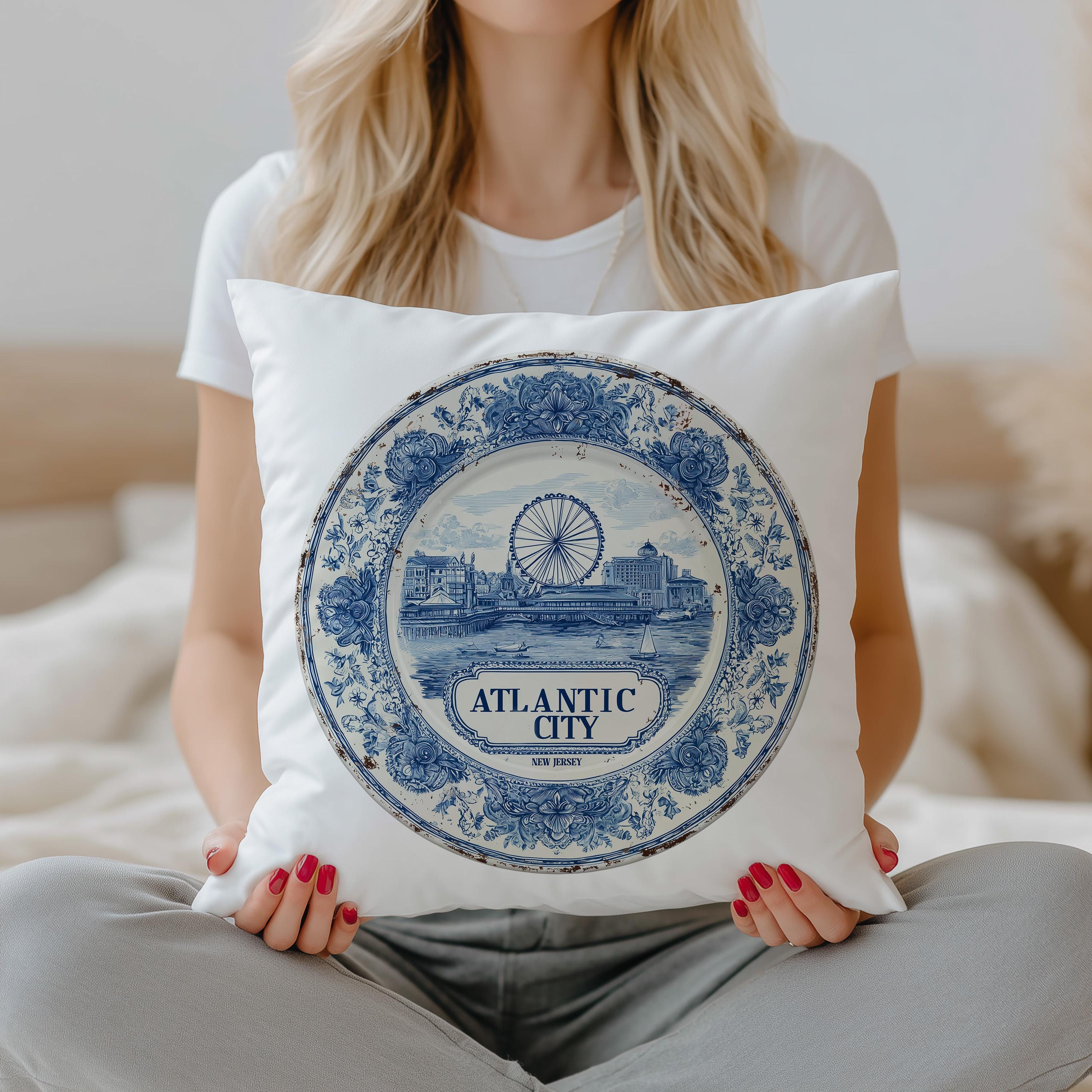 Atlantic City New Jersey Pillowcase, Delft Style Decorative Throw Pillow, Vintage Cityscape Retro Home Decor