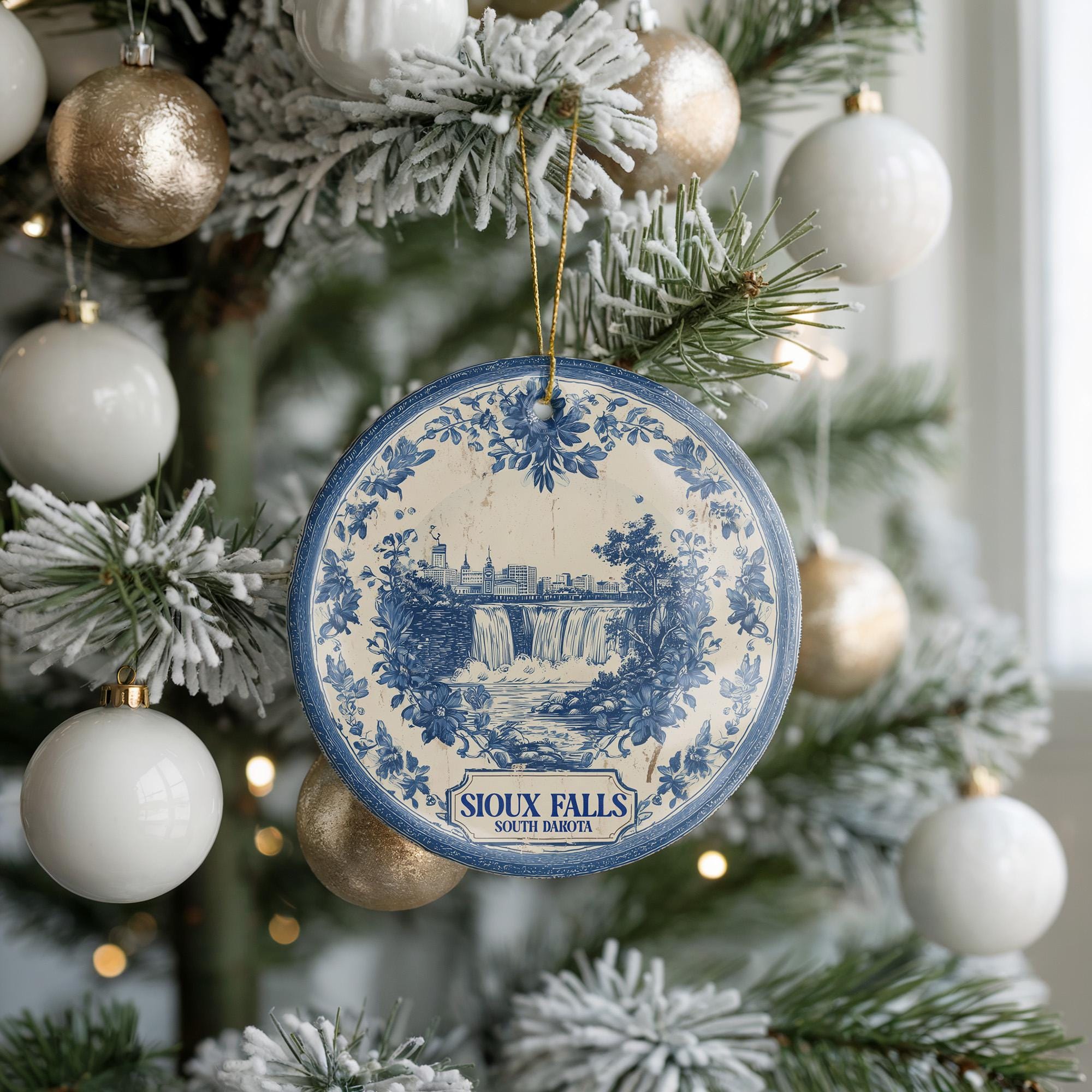 Custom Sioux Falls South Dakota Ceramic Delft Ornament, Christmas Delftware Blue Delftware city travel