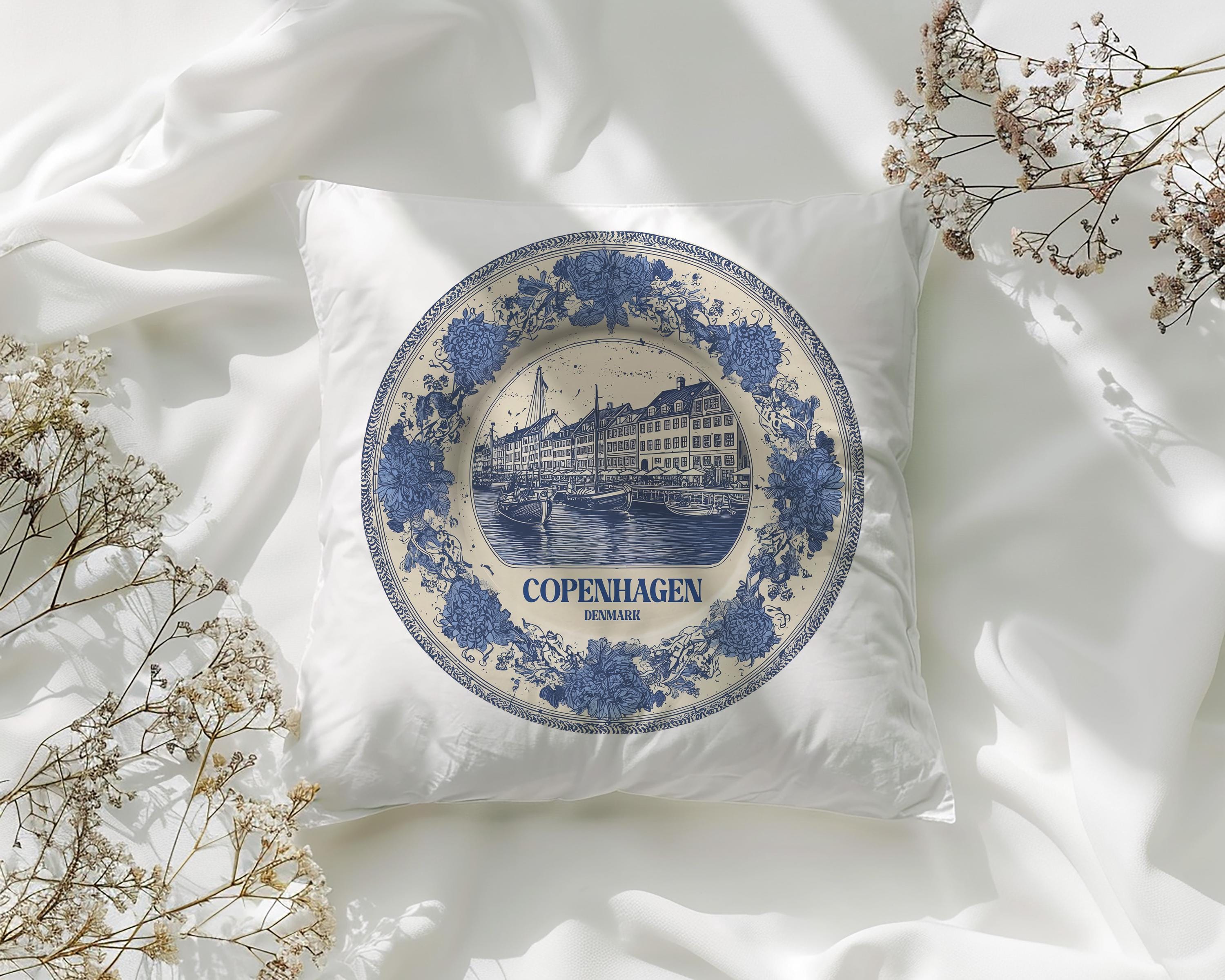 Copenhagen Denmark Pillowcase, Delft Style Decorative Throw Pillow, Vintage Cityscape Retro Home Decor