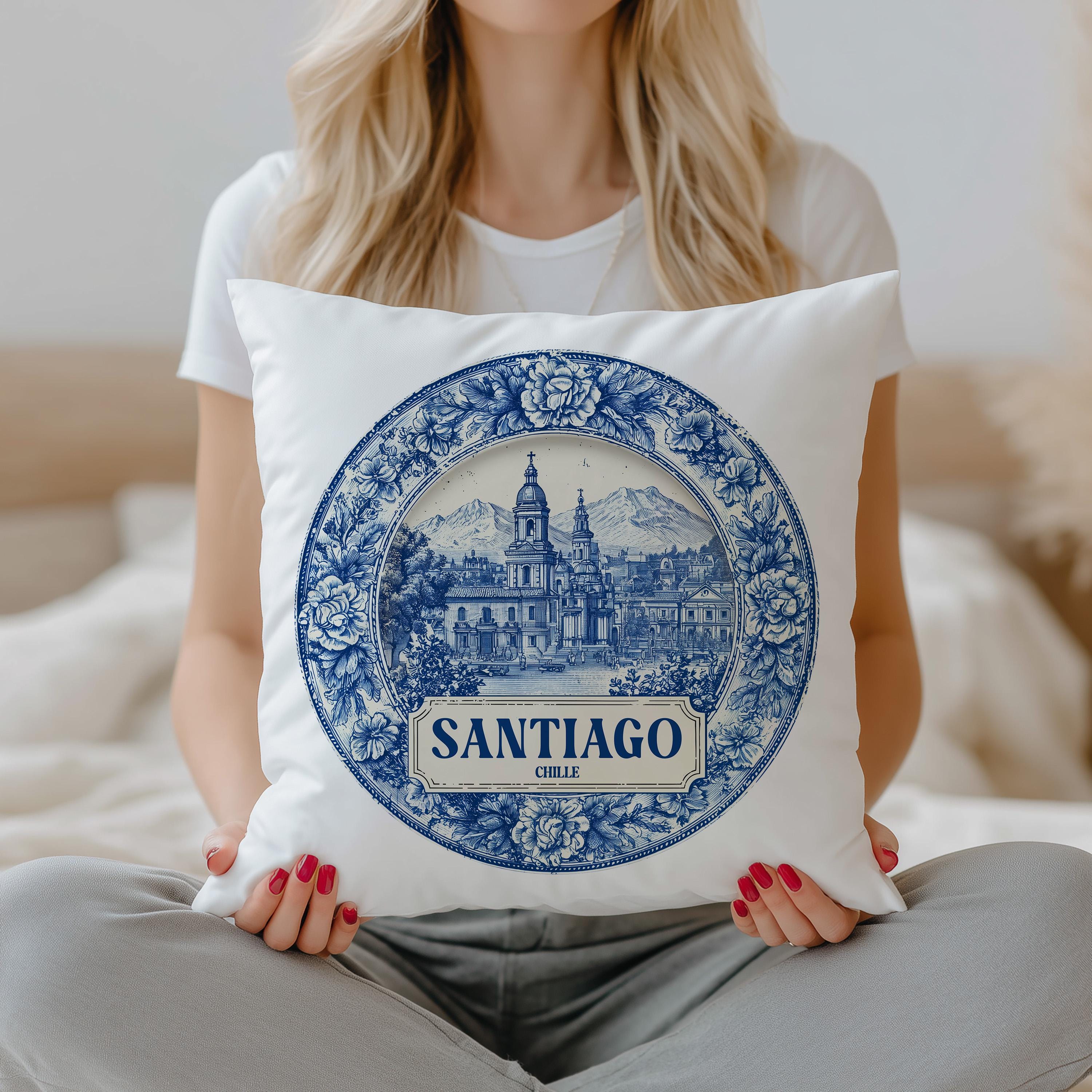 Santiago Chile Pillowcase, Delft Style Decorative Throw Pillow, Vintage Cityscape Retro Home Decor