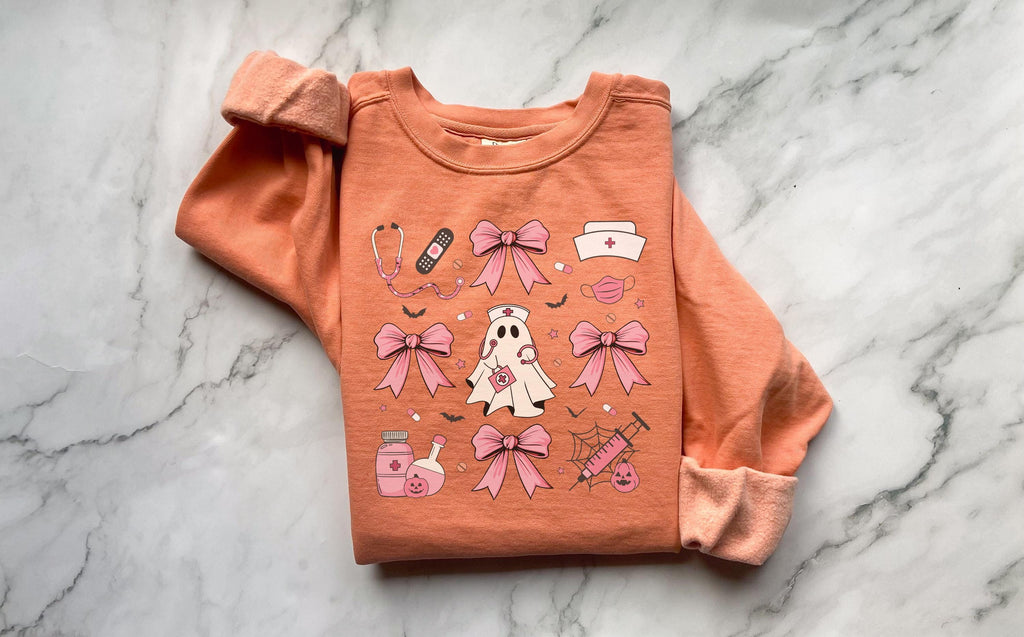 Cute nurse ghost Halloween Nurse Sweatshirt,  Pink Halloween Bow RN Fall Top Cozy Autumn Pullover, Cute Retro Gift for Nurse