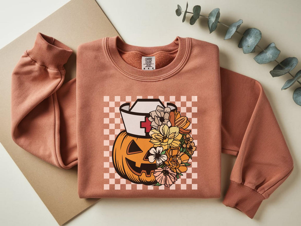 Halloween Nurse  Pumpkin Sweatshirt, Spooky RN Fall Top Cozy Autumn Pullover, Cute Retro Gift for Nurse