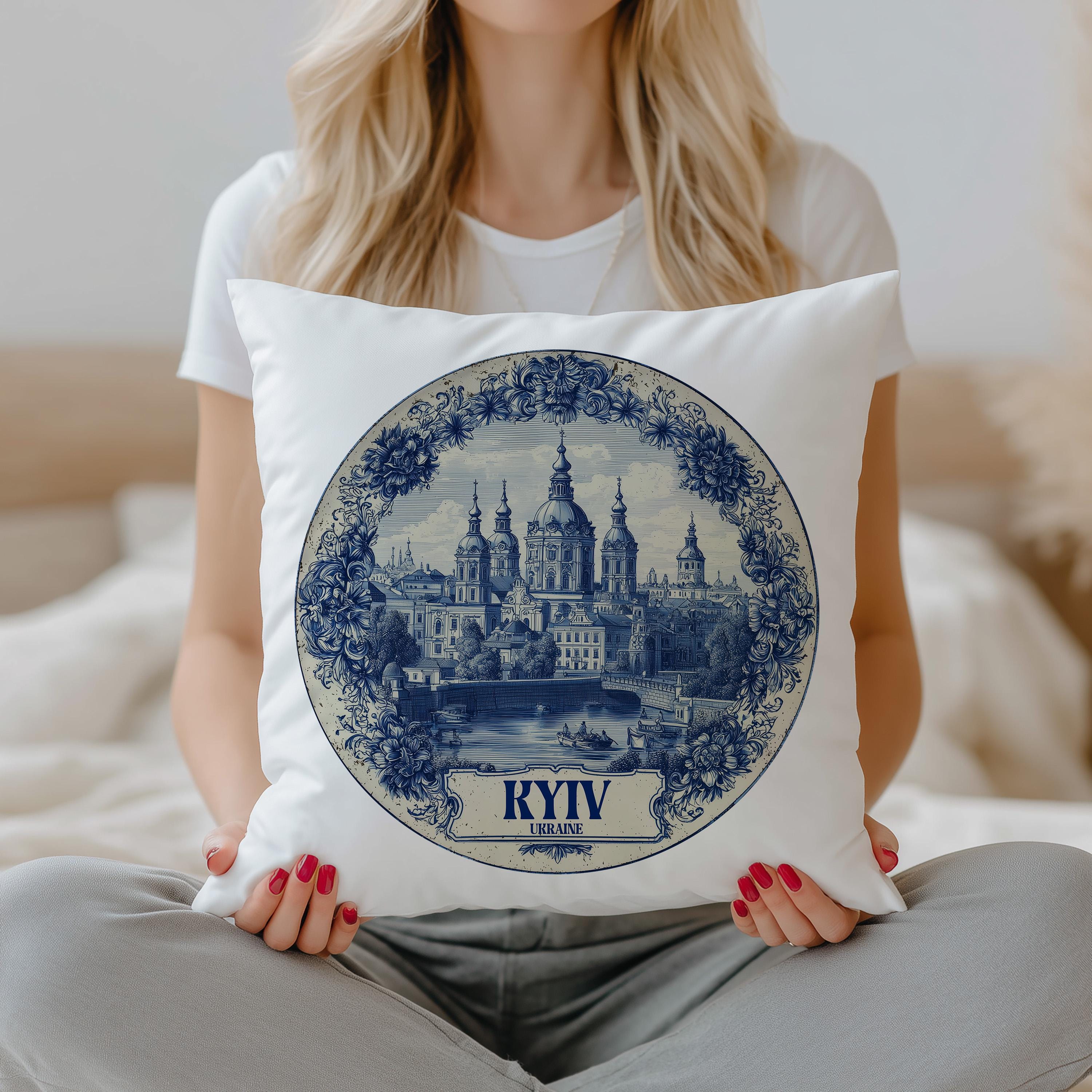 Kyiv Ukraine Pillowcase, Delft Style Decorative Throw Pillow, Vintage Cityscape Retro Home Decor