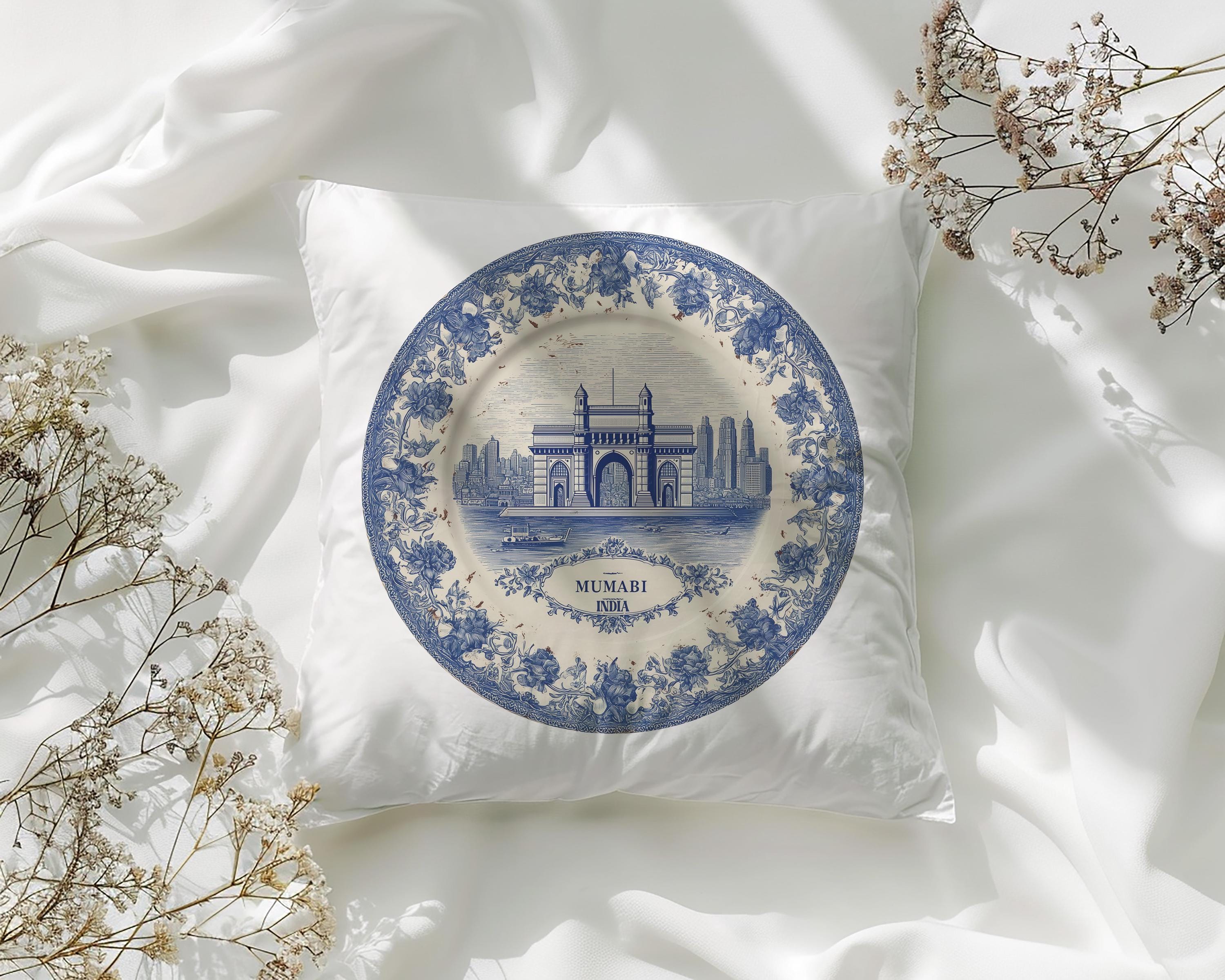 Mumbai India Pillowcase, Delft Style Decorative Throw Pillow, Vintage Cityscape Retro Home Decor