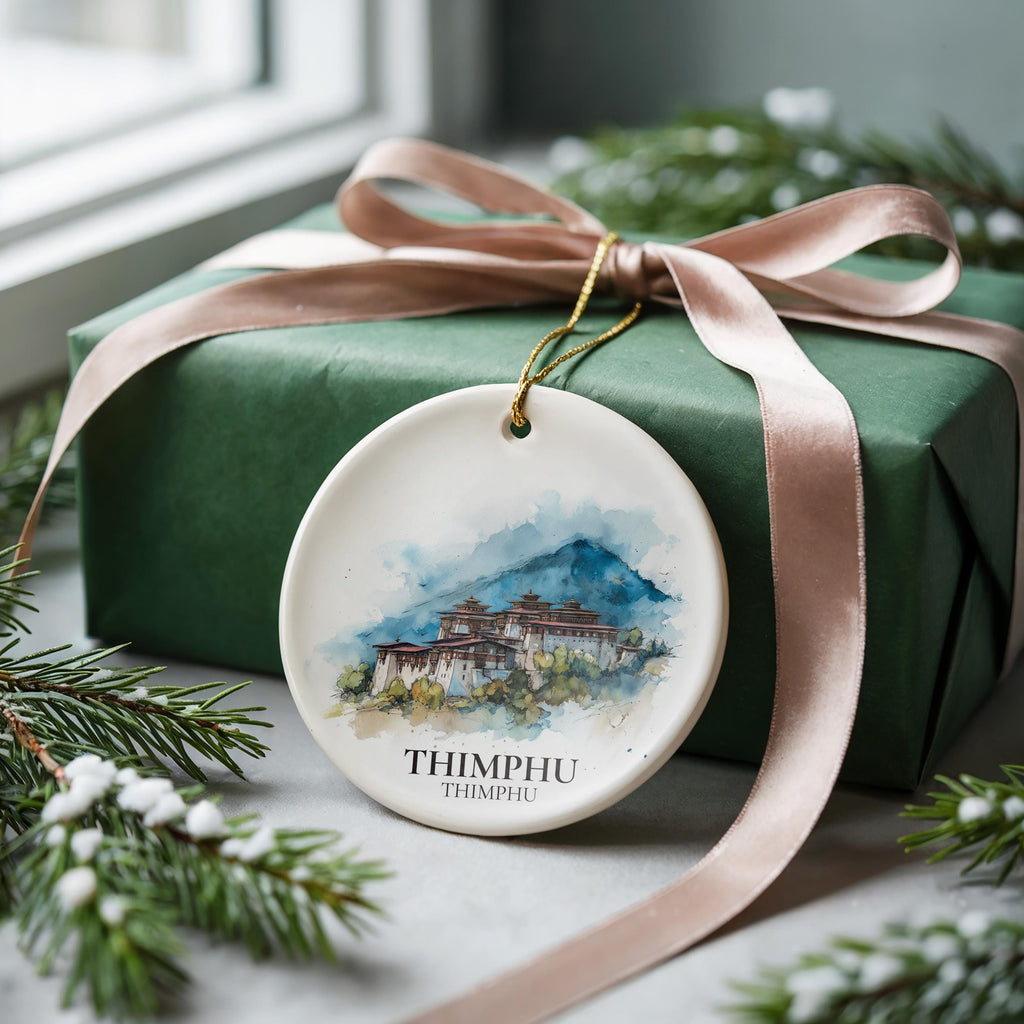 Thimphu Bhutan Personalized Watercolor Ornament, Custom Ceramic Christmas gift, Travel Keepsake
