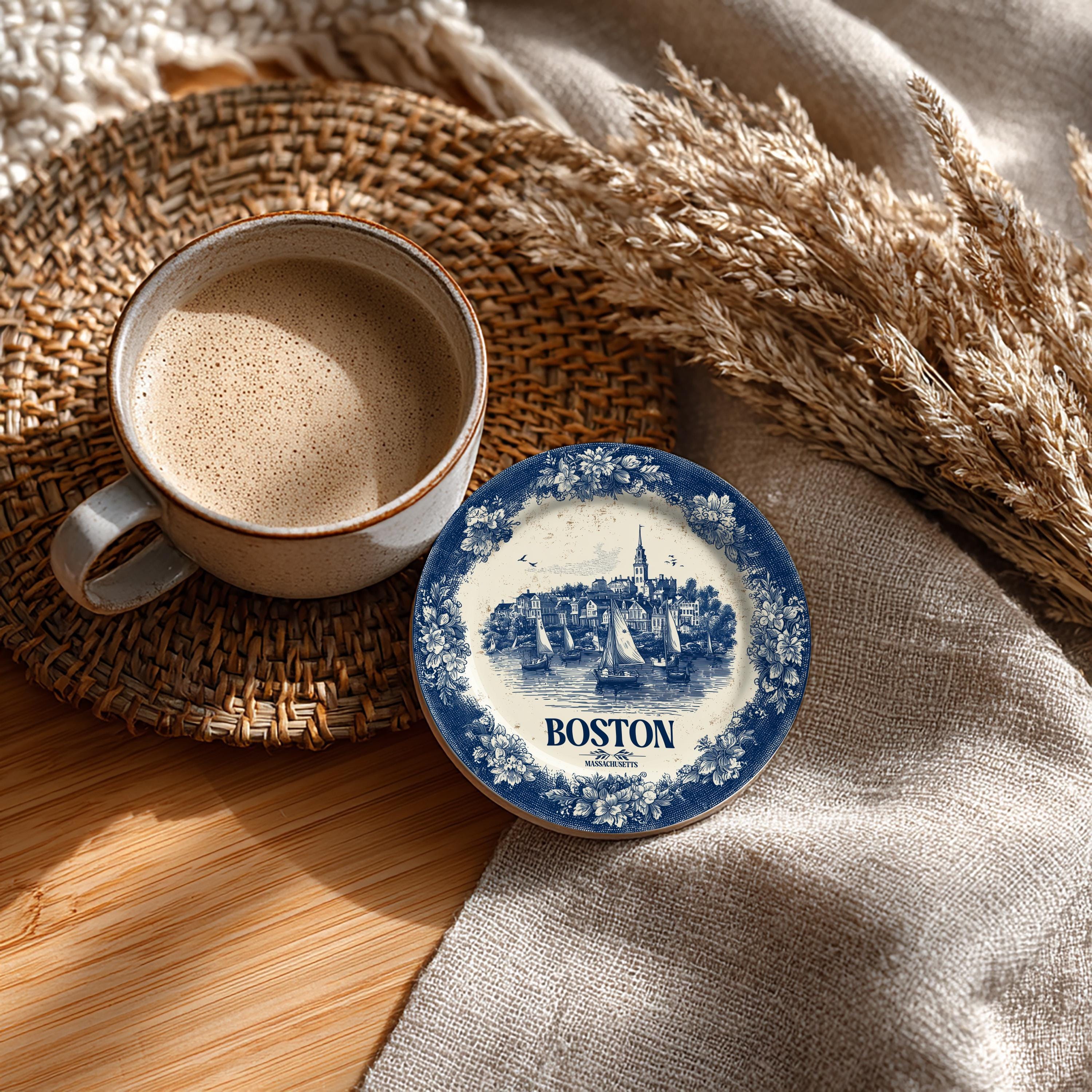 Boston Massachusetts Ceramic Coaster Delftware, Blue White Travel Gift, Vintage Home Decor Collectible