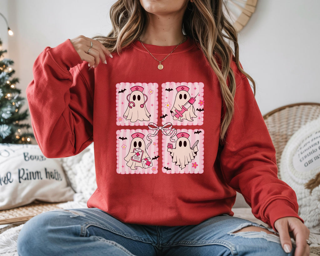 Cute Nurse Halloween Sweatshirt Pink ghost, Halloween Gift for Nurse Medical Lab, Nurse Spooky , Nurse Halloween Boo Boo Crew