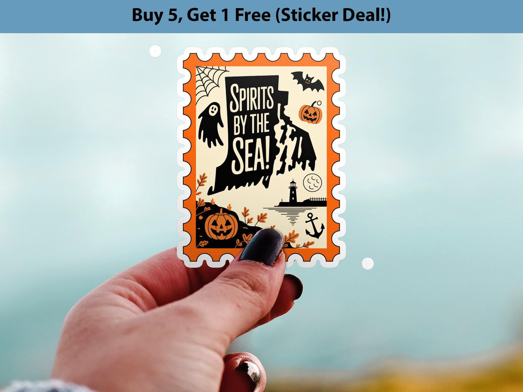 Rhode Island Stamp Halloween Sticker, Spooky USA Kiss-Cut Vinyl, Waterproof Decal, United States Travel