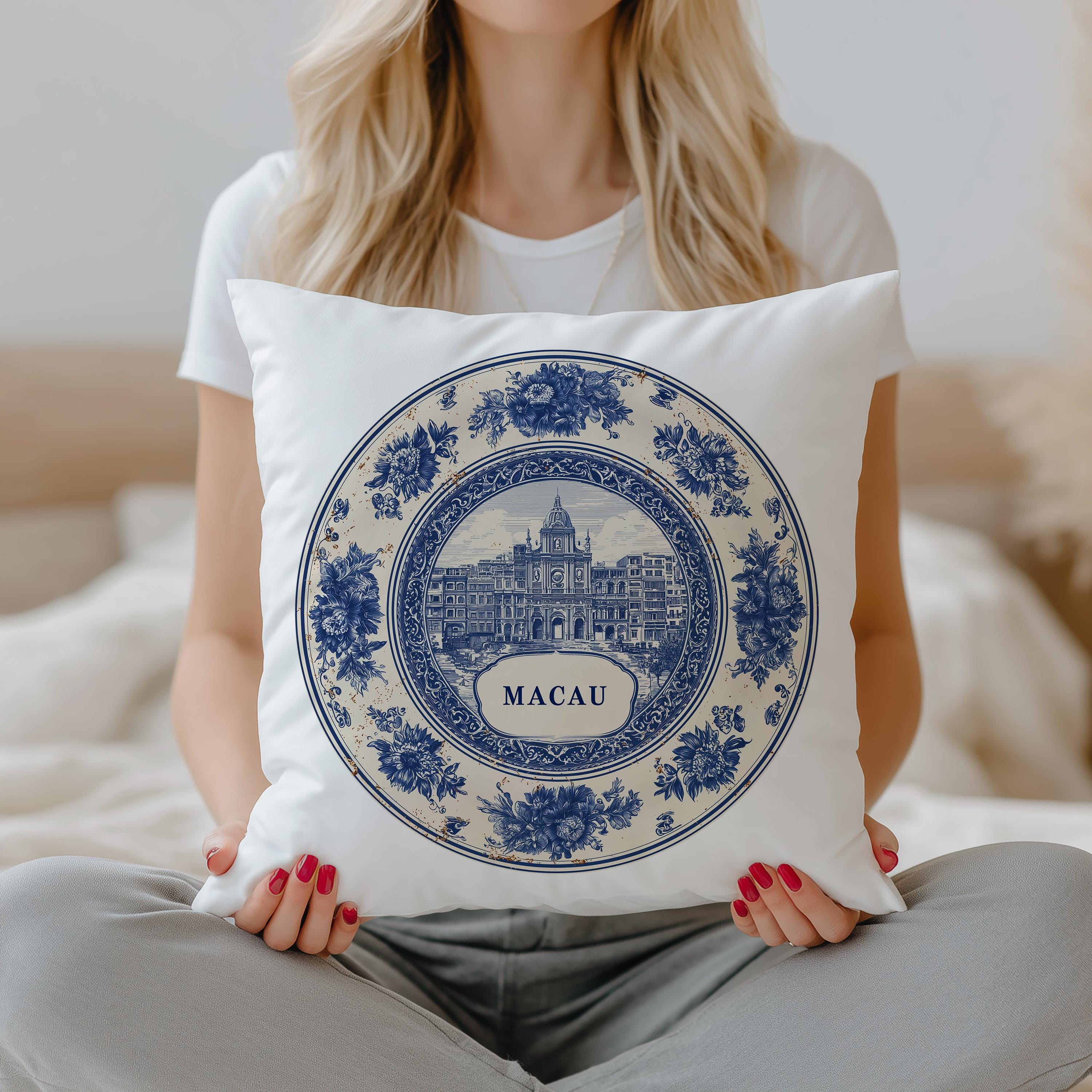 Macau China Pillowcase, Delft Style Decorative Throw Pillow, Vintage Cityscape Retro Home Decor