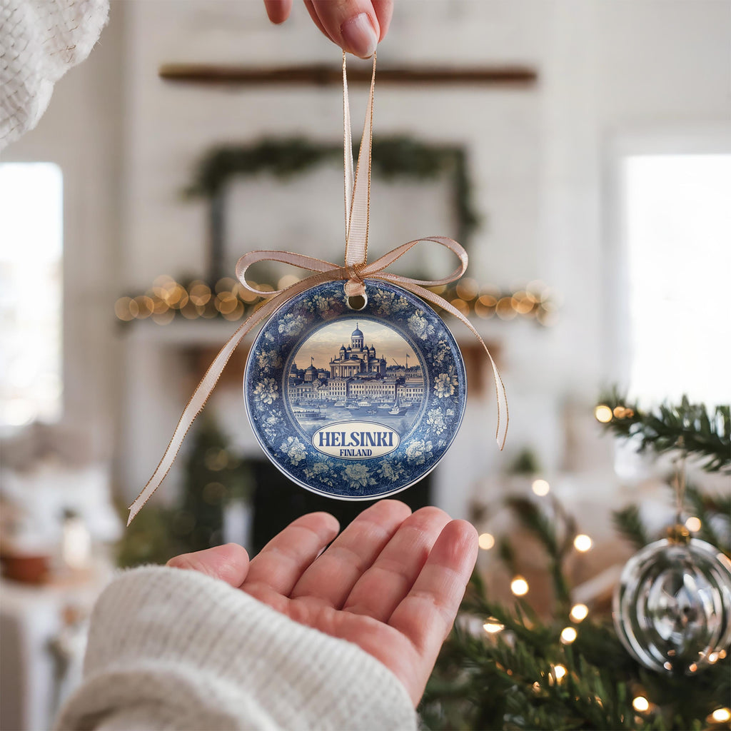Custom Helsinki Finland Ceramic Delft Ornament, Christmas Delftware Blue Delftware city travel