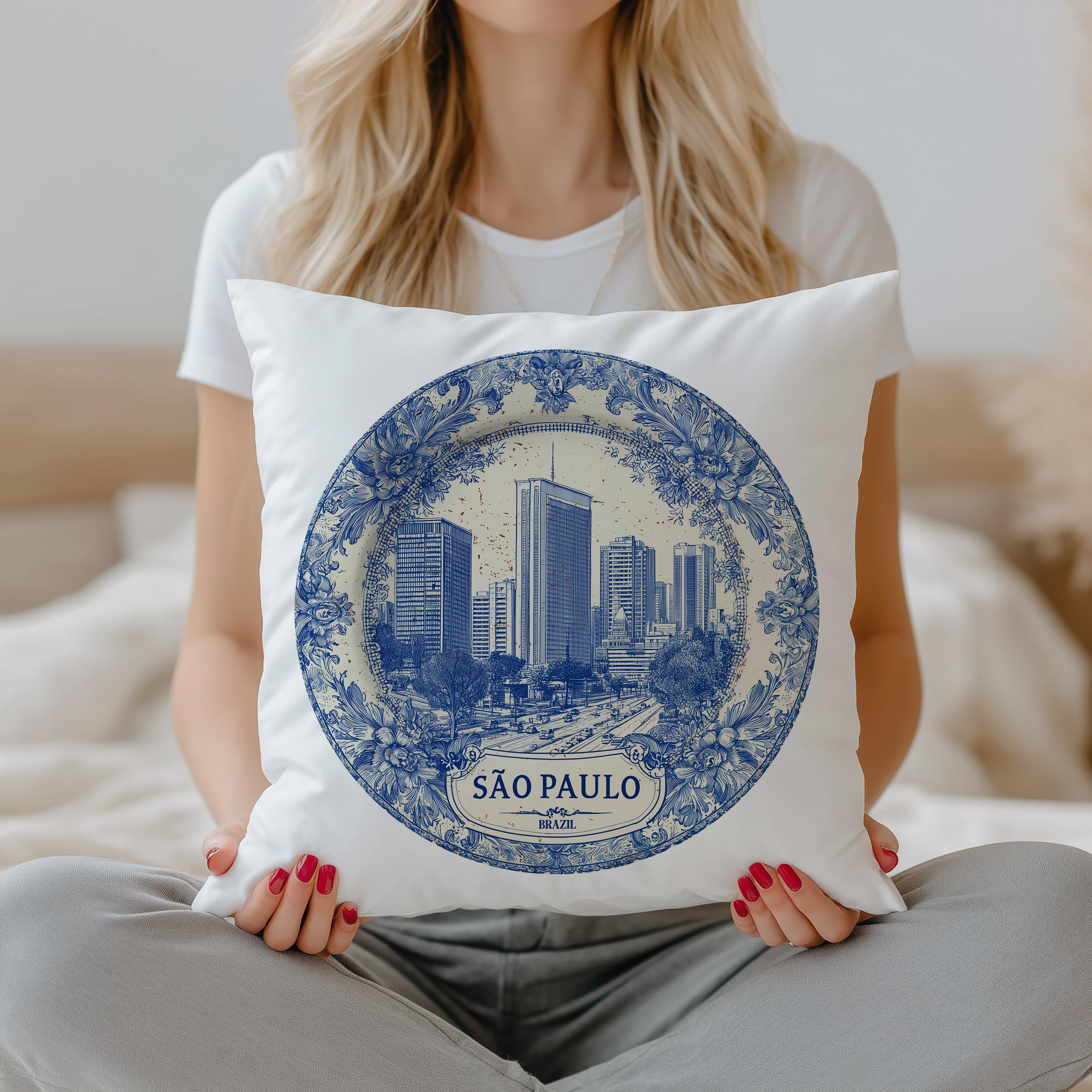 Sao Paulo Brazil Pillowcase, Delft Style Decorative Throw Pillow, Vintage Cityscape Retro Home Decor