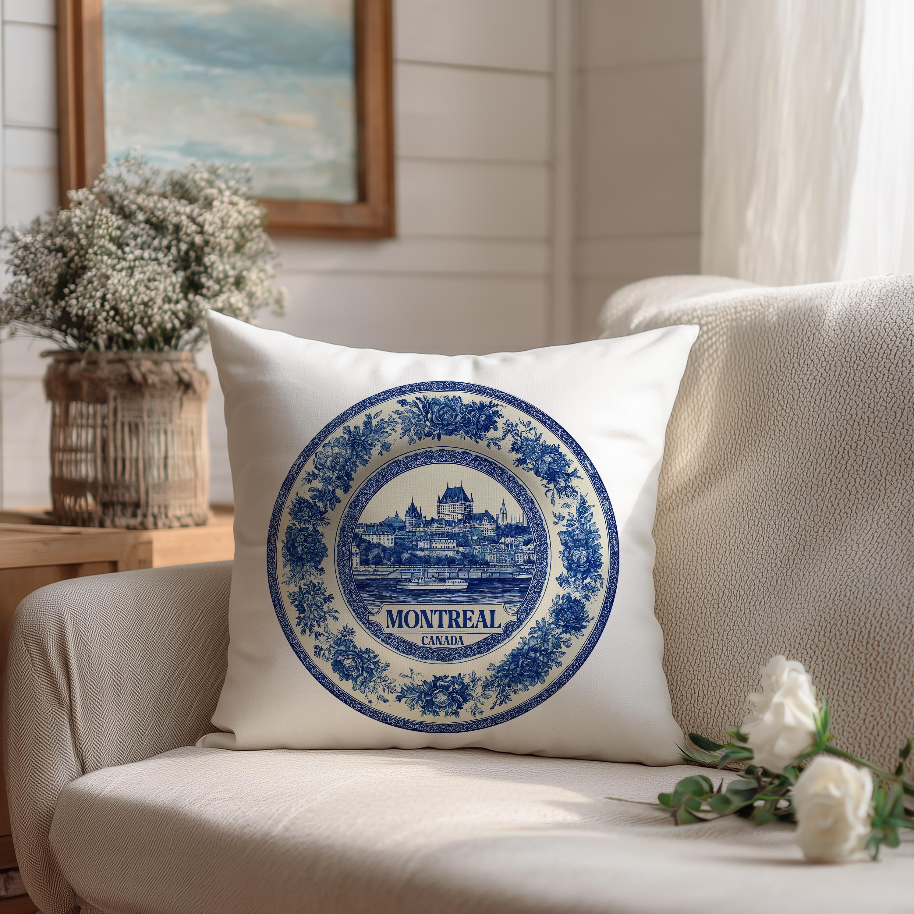 Montreal Canada Pillowcase, Delft Style Decorative Throw Pillow, Vintage Cityscape Retro Home Decor