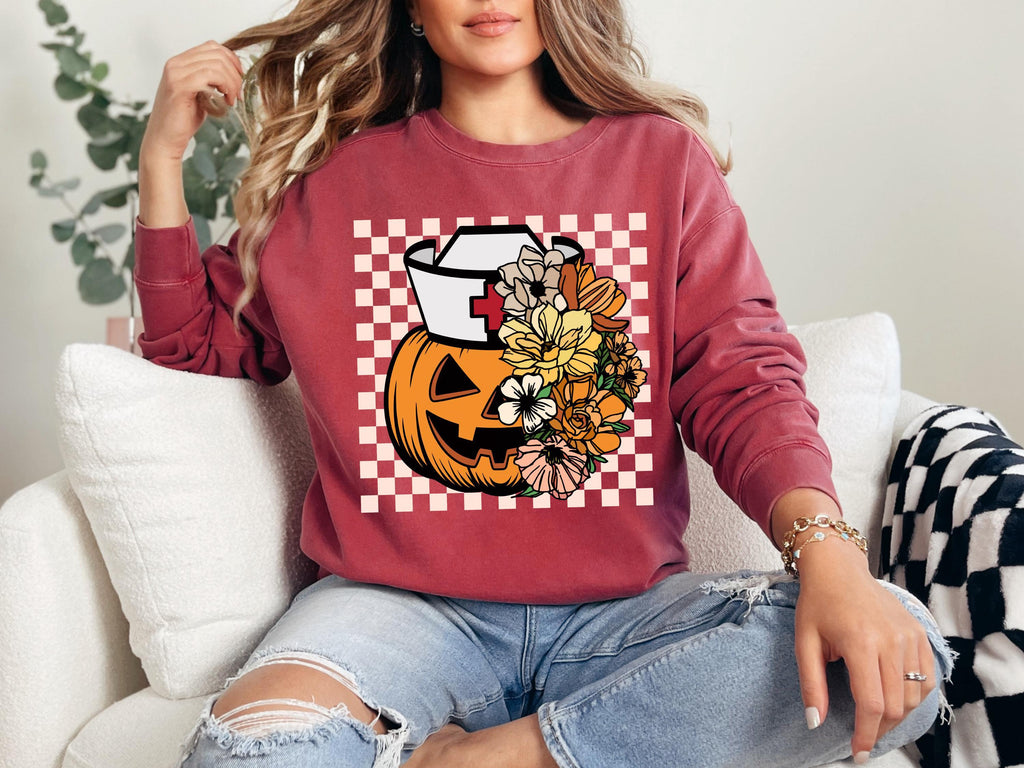Halloween Nurse  Pumpkin Sweatshirt, Spooky RN Fall Top Cozy Autumn Pullover, Cute Retro Gift for Nurse