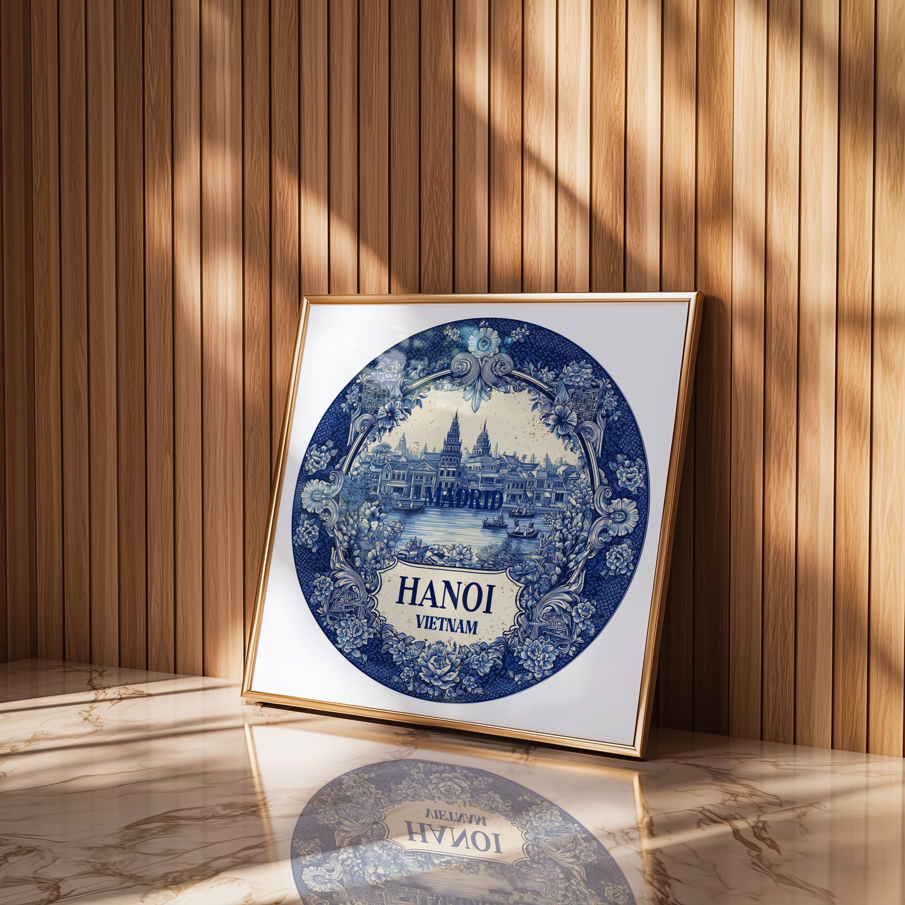 Hanoi Vietnam Wall Art, Vintage Delft Blue Poster, City Print, Travel Home Decor