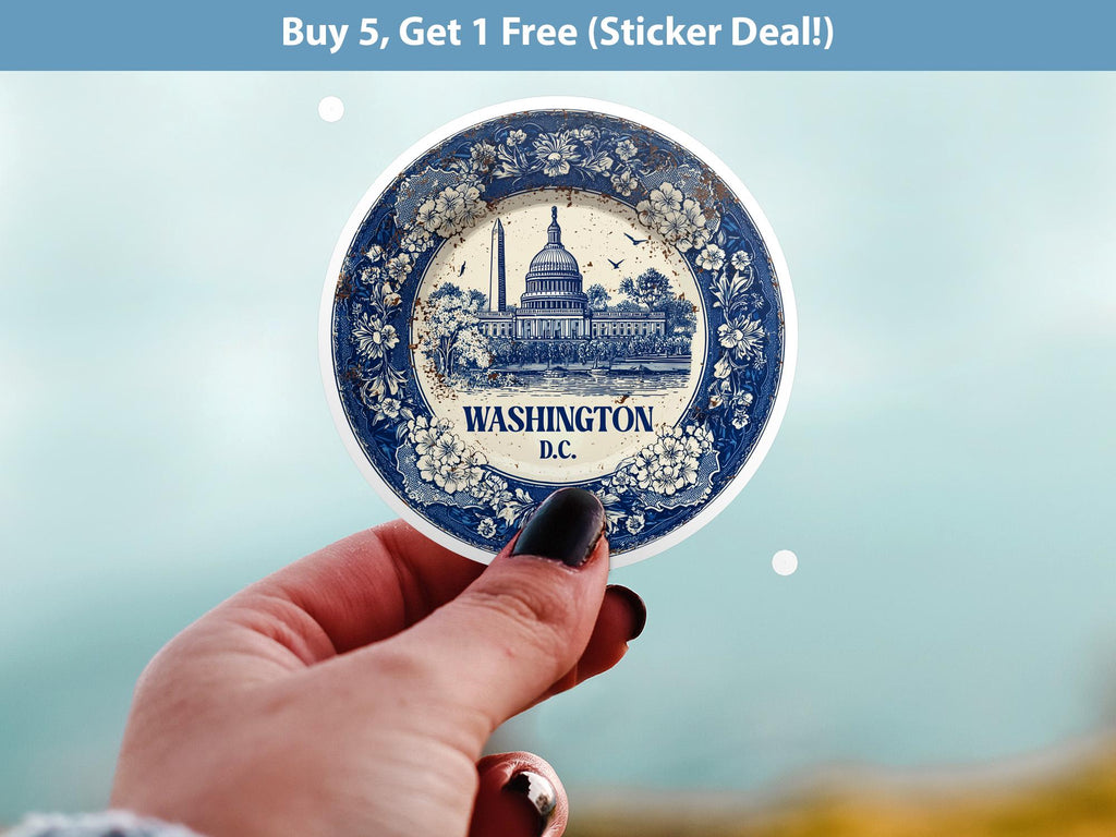 Washington DC Sticker Vintage Delft style, Delftware Decal Waterproof Vinyl, Blue City Travel