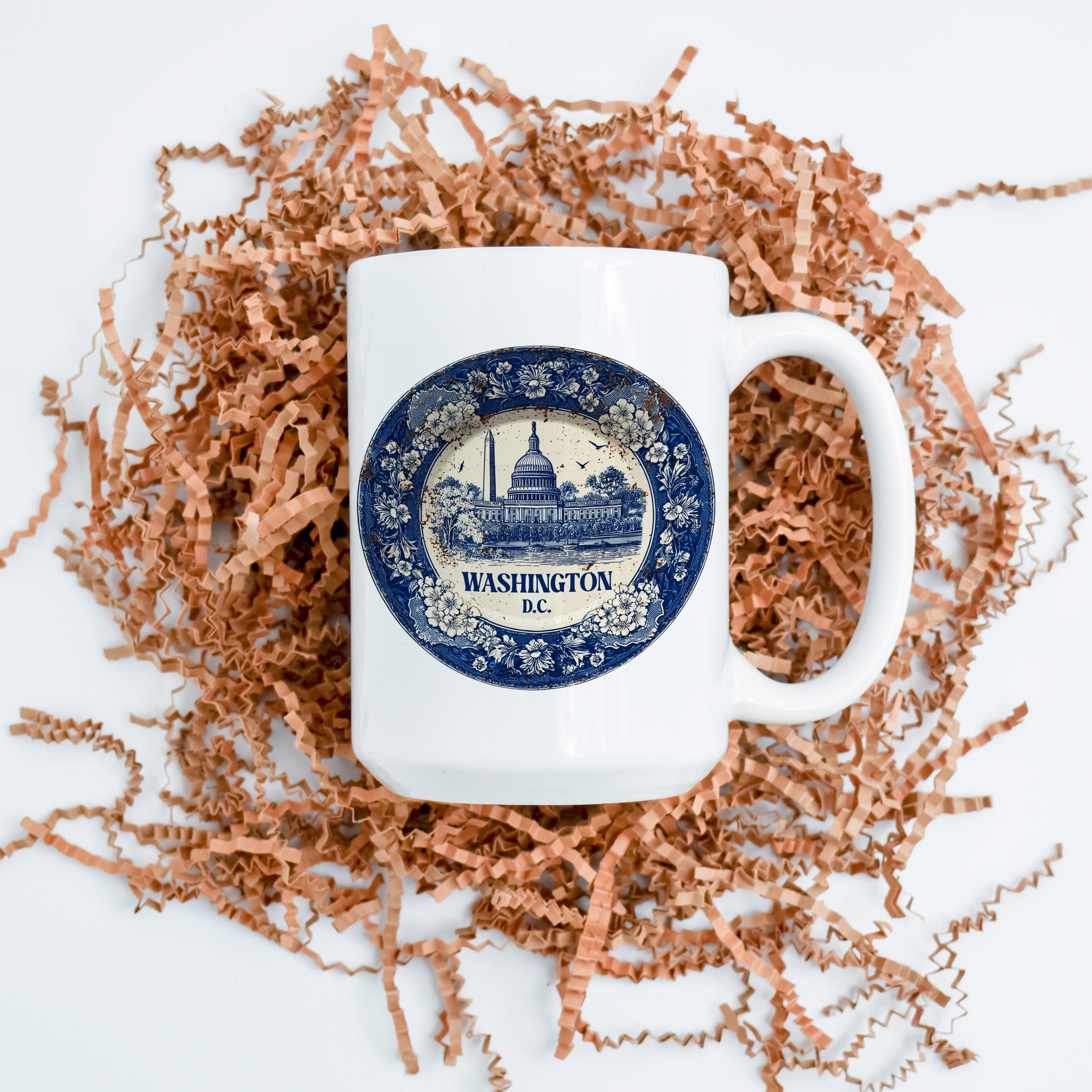Washington DC Mug, Custom Delft Style cup, Personalized Vintage Travel City Gift