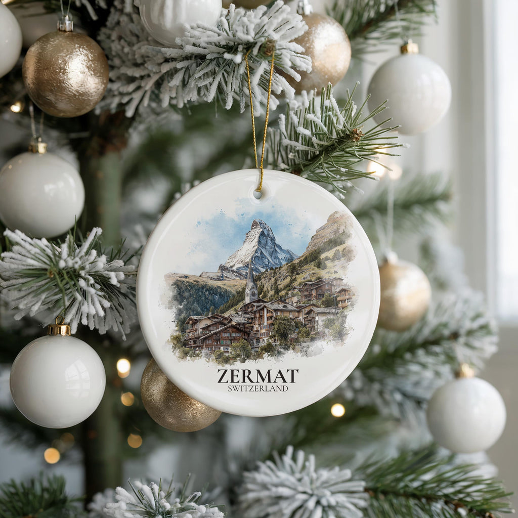 Zermatt Switzerland Personalized Watercolor Ornament, Custom Ceramic Christmas gift, Travel Keepsake