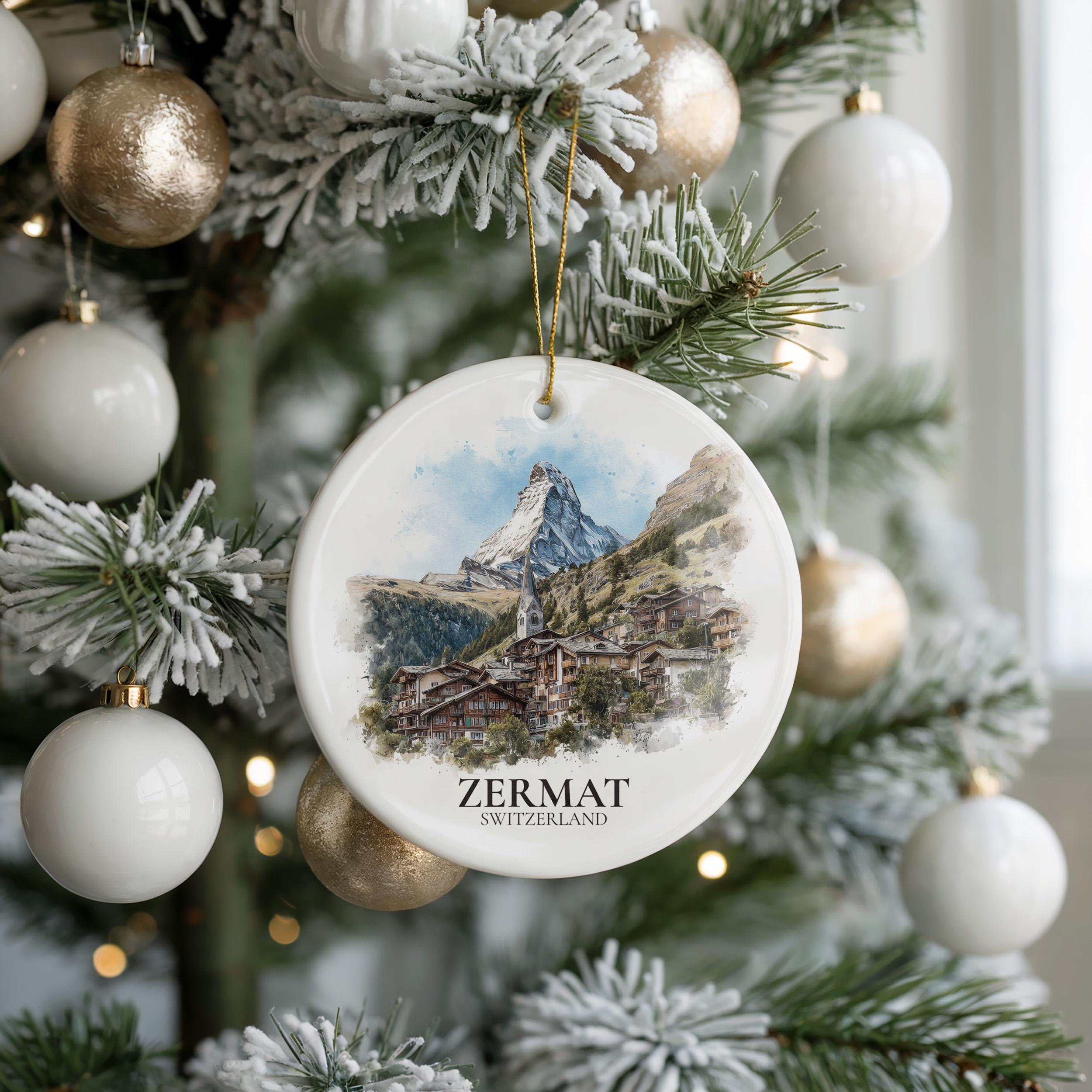 Zermatt Switzerland Personalized Watercolor Ornament, Custom Ceramic Christmas gift, Travel Keepsake
