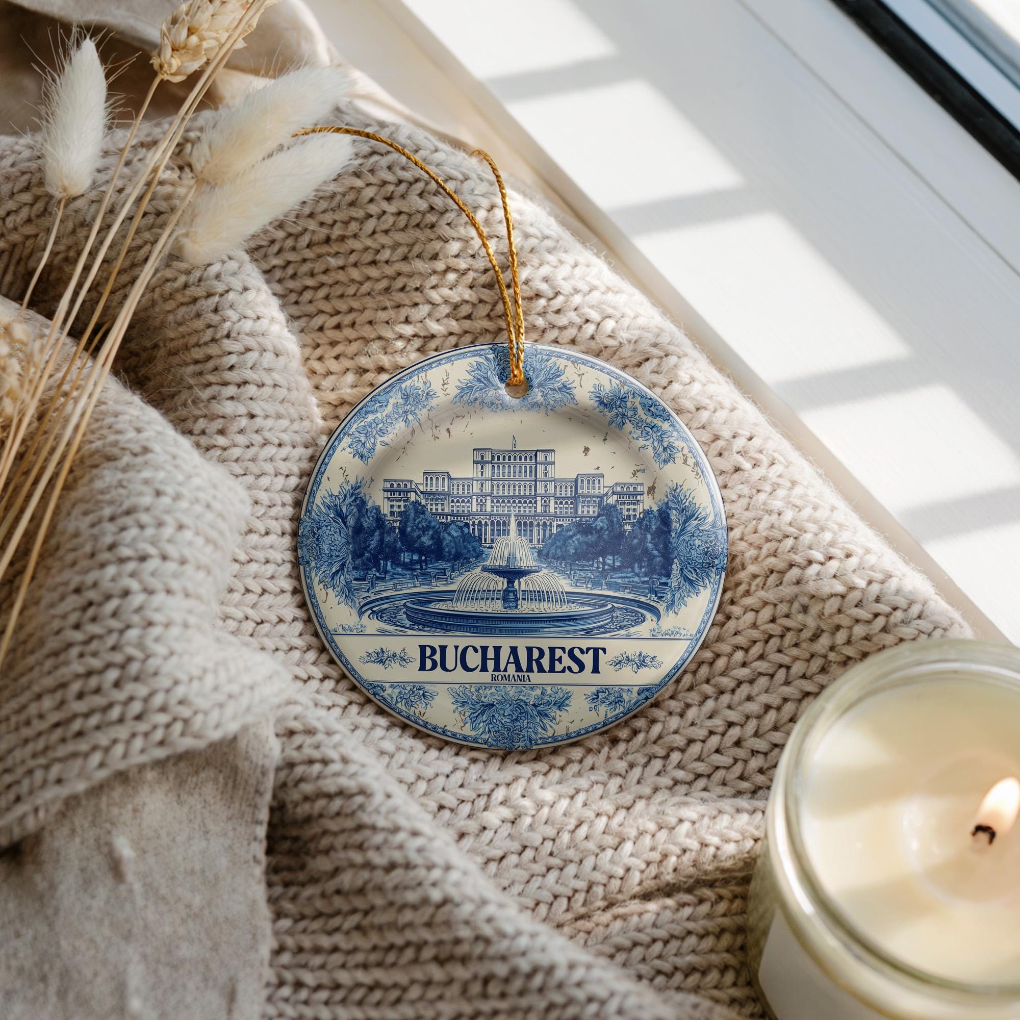 Custom Bucharest Romania Ceramic Delft Ornament, Christmas Delftware Blue Delftware city travel
