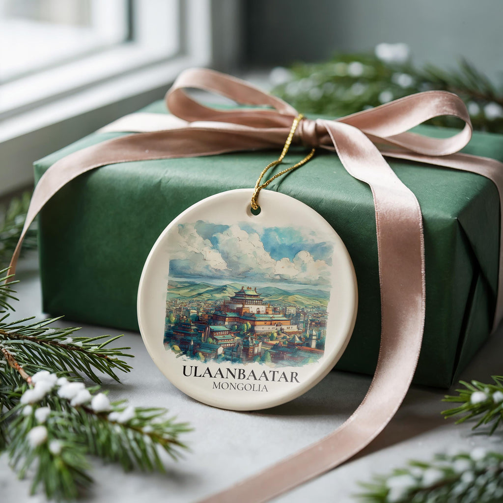 Ulaanbaatar Mongolia Personalized Watercolor Ornament, Custom Ceramic Christmas gift, Travel Keepsake