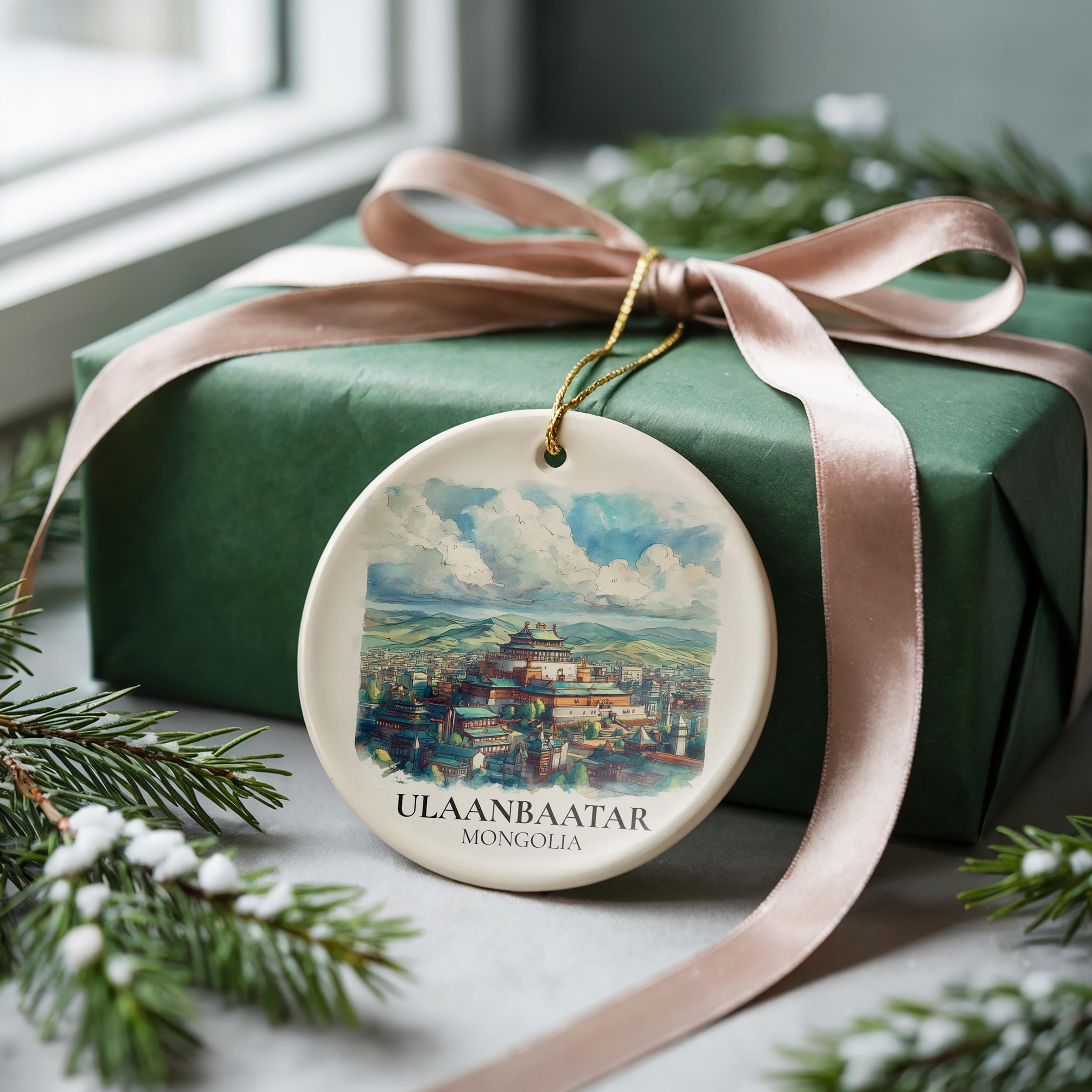 Ulaanbaatar Mongolia Personalized Watercolor Ornament, Custom Ceramic Christmas gift, Travel Keepsake