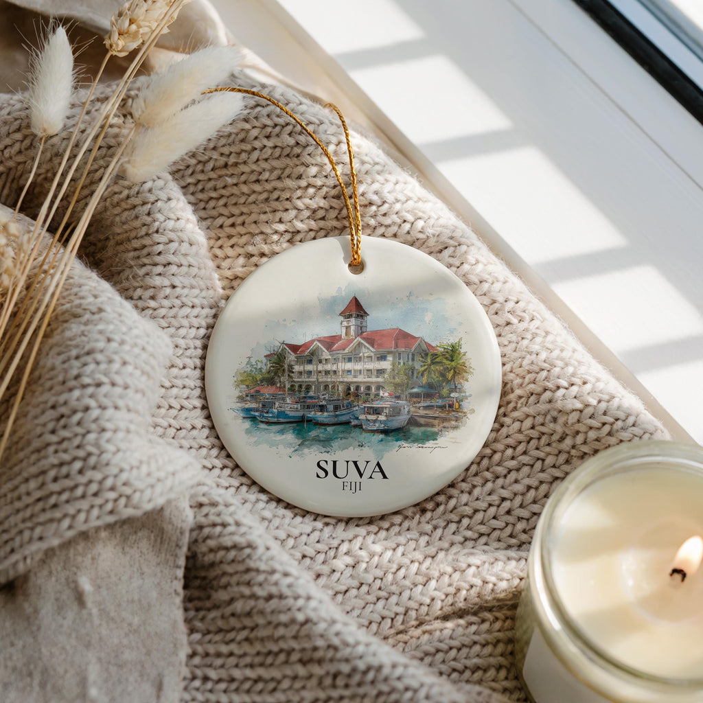 Suva Fiji Personalized Watercolor Ornament, Custom Ceramic Christmas gift, Travel Keepsake