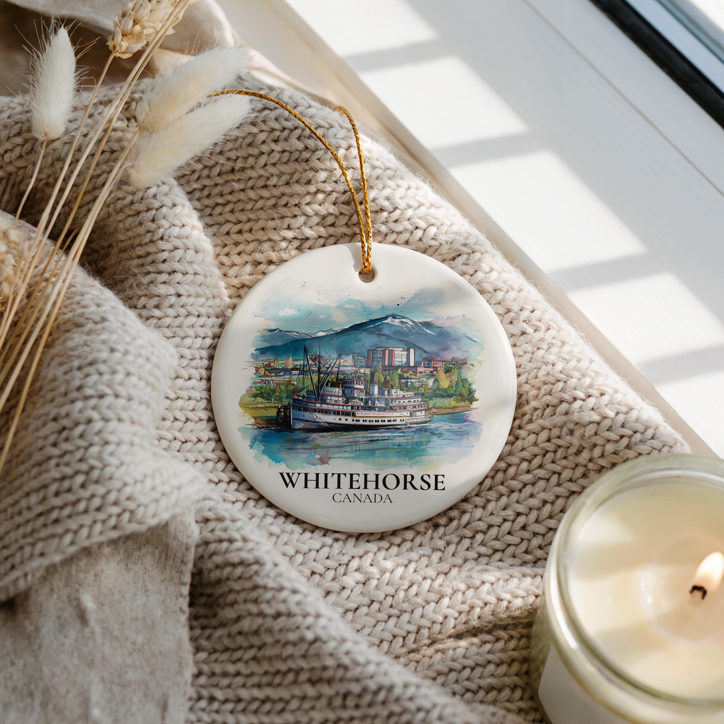 Whitehorse Canada Personalized Watercolor Ornament, Custom Ceramic Christmas gift, Travel Keepsake